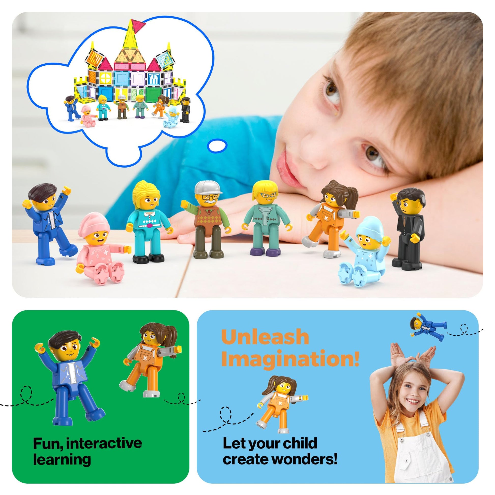 PicassoTiles 8 Piece Magnetic Action Figures Family Character Set Compatible with Magnet Tile Building Blocks STEM Educational Toy for Kids Pretend