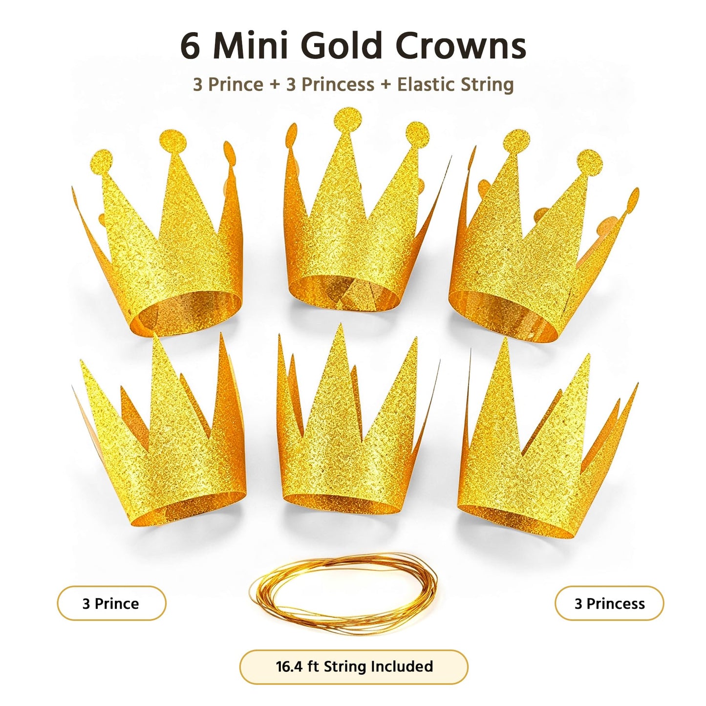 Boieo Mini Gold Crown Hats, 6 Small Paper Crowns for Kids