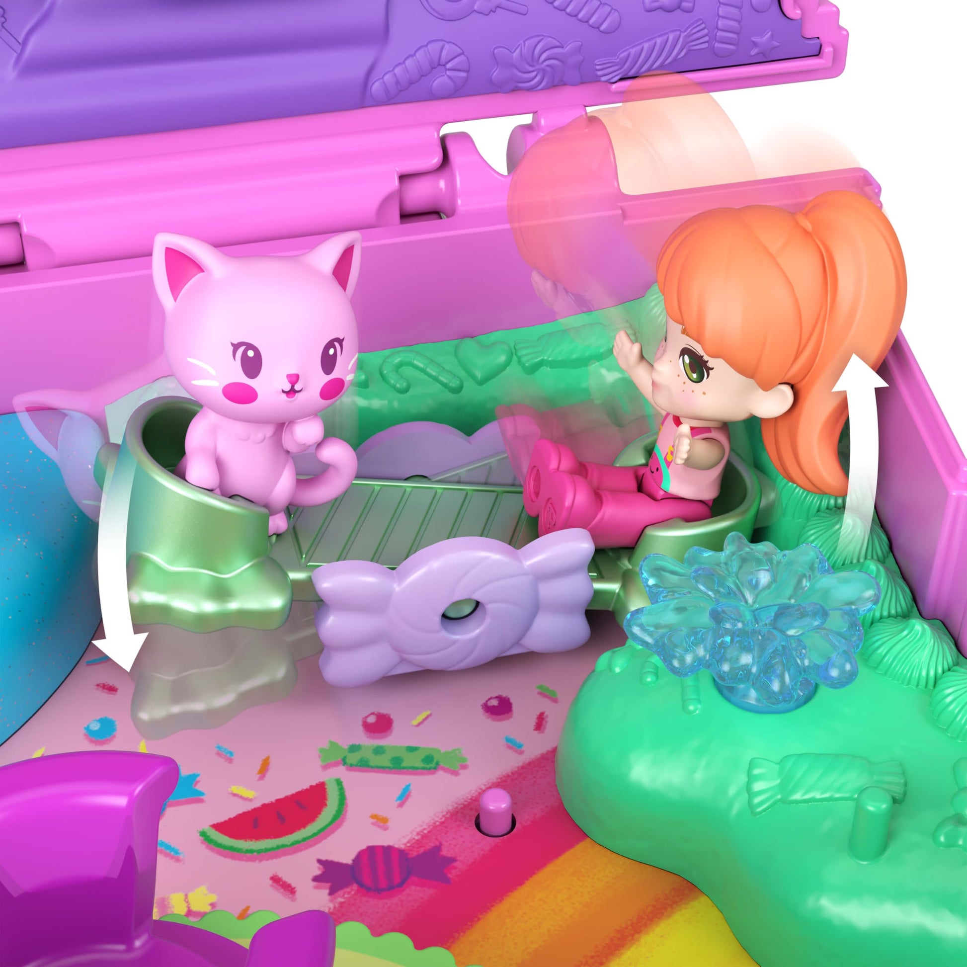 Polly Pocket JKC50 Watermelon Kitten Travel Toy Set with 1 Mini Figure, Animal, Cup Carousel, Rocking Swing and Accessories with Fruit Theme