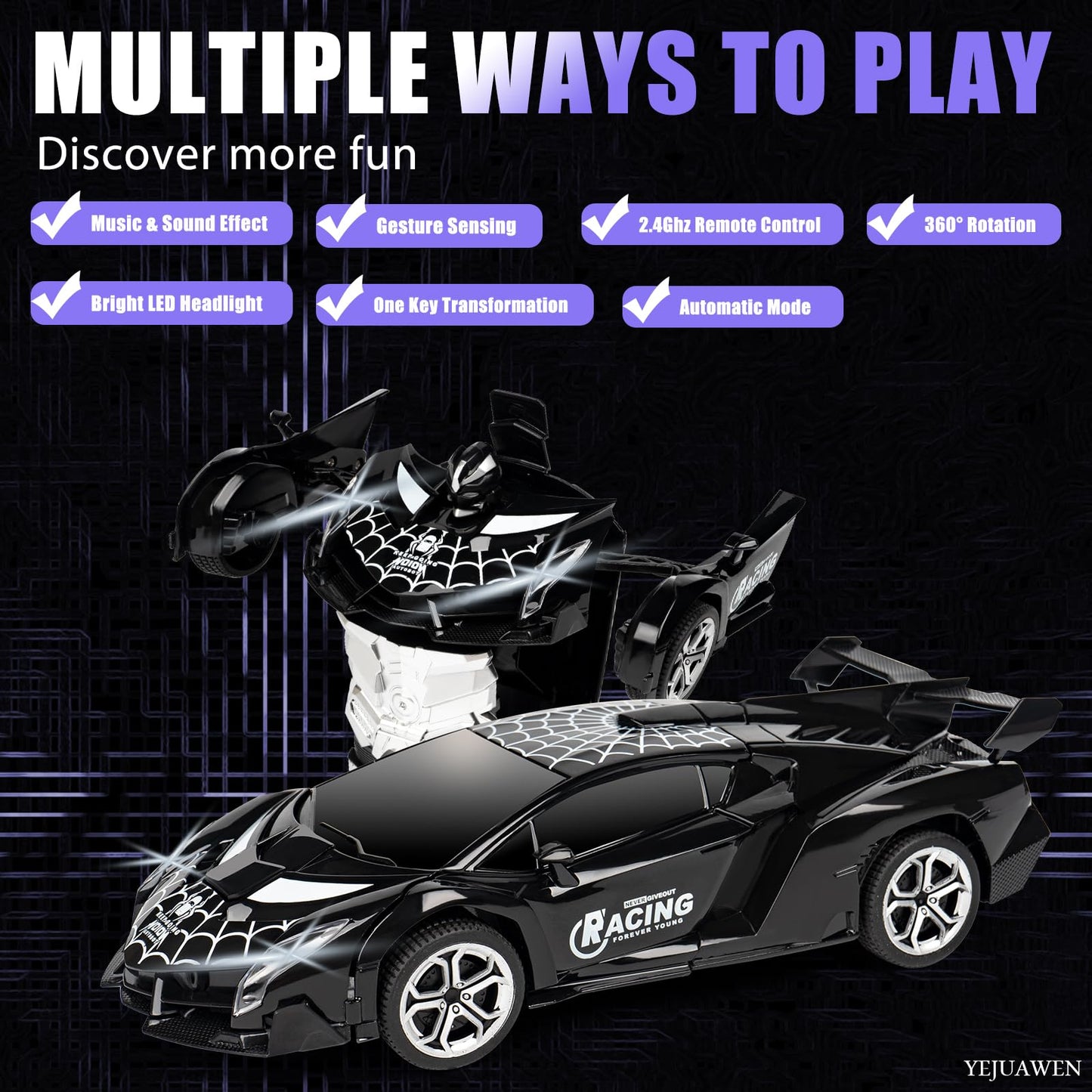 YEJUAWEN Remote Control car Toy, Suitable for Boys and Girls Aged 3-12, 2.4GHz Transforming Robot car Supports Gesture Sensing and 360° Rotation EN02