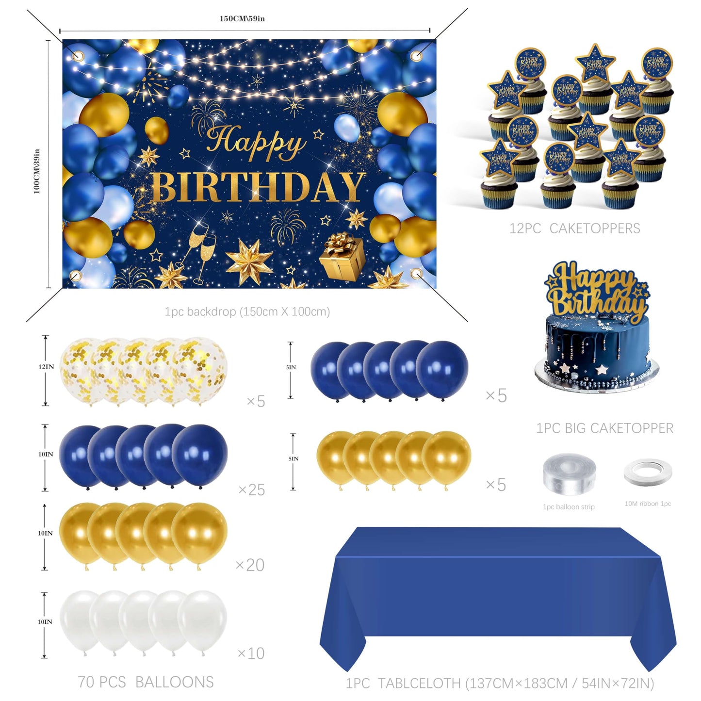 Blue and Gold Happy Birthday Decorations for Men,Birthday Banner, 70pcs Balloons, Backdrop,Balloon Arch Supplies for Boy