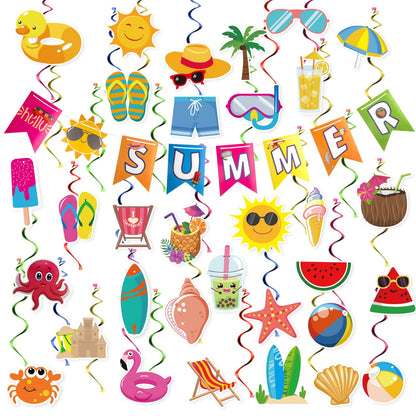 AUZRUI Summer Party Decorations - 65 Pieces Beach & Pool Party Supplies, Hello Summer Banner, Hanging Swirls, Streamers, and Beach Theme Decorations