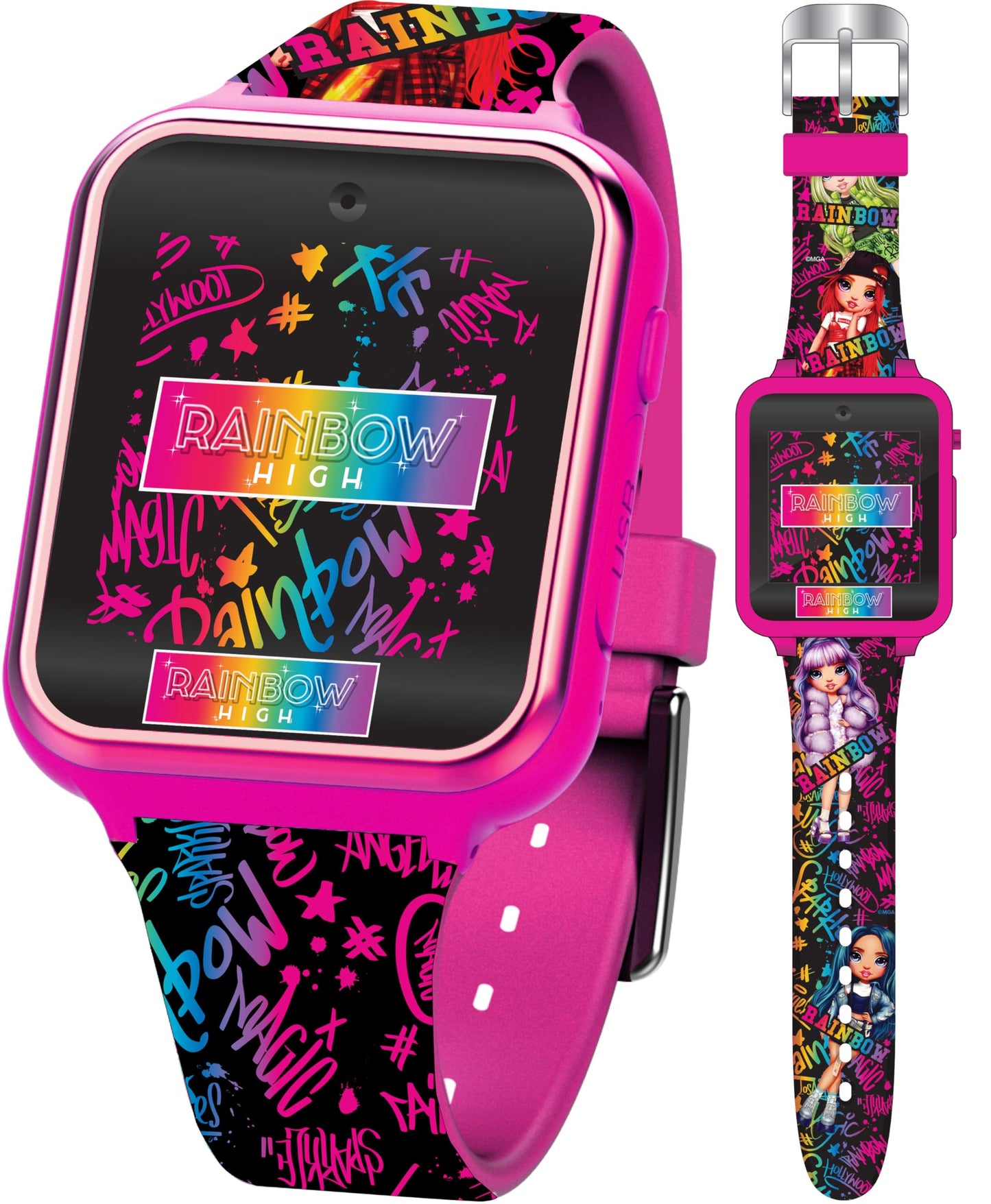 Accutime Kids Rainbow High Educational Learning Touchscreen Pink Smart Watch Toy with Multicolor Strap for Girls, Boys, Toddlers - Selfie Cam, Games