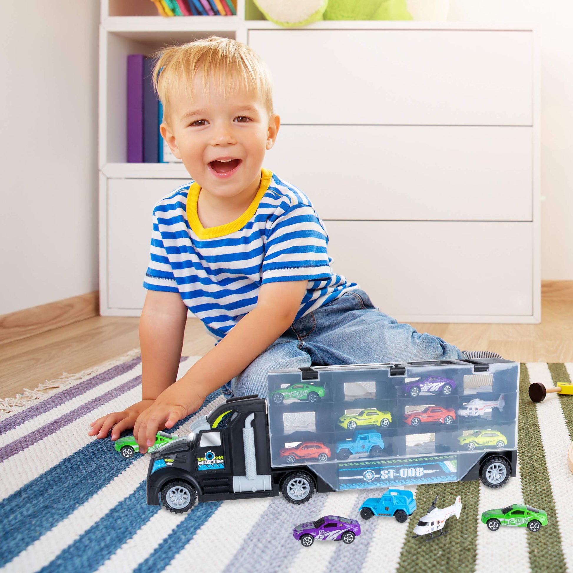 HEY! PLAY! Car Carrier Semi-Truck Toy - 2-Sided Trailer Holds 24 Vehicles - Includes 10 Cars, 2 Helicopters, Carry Handle, and Storage Case (Black)