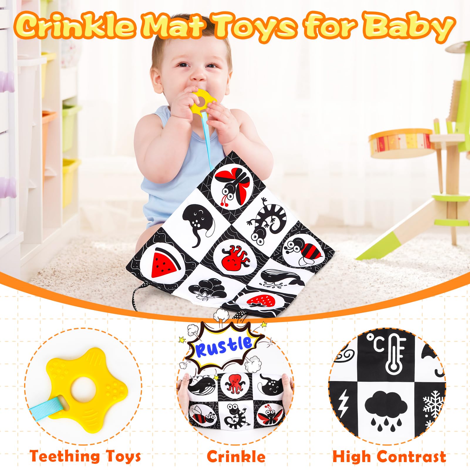 High Contrast Baby Toys for Newborn Infant 0-6 Months Montessori Tummy Time Black and White Sensory Crinkle Toys 0-3 3-6 Months Soft Books Carseat