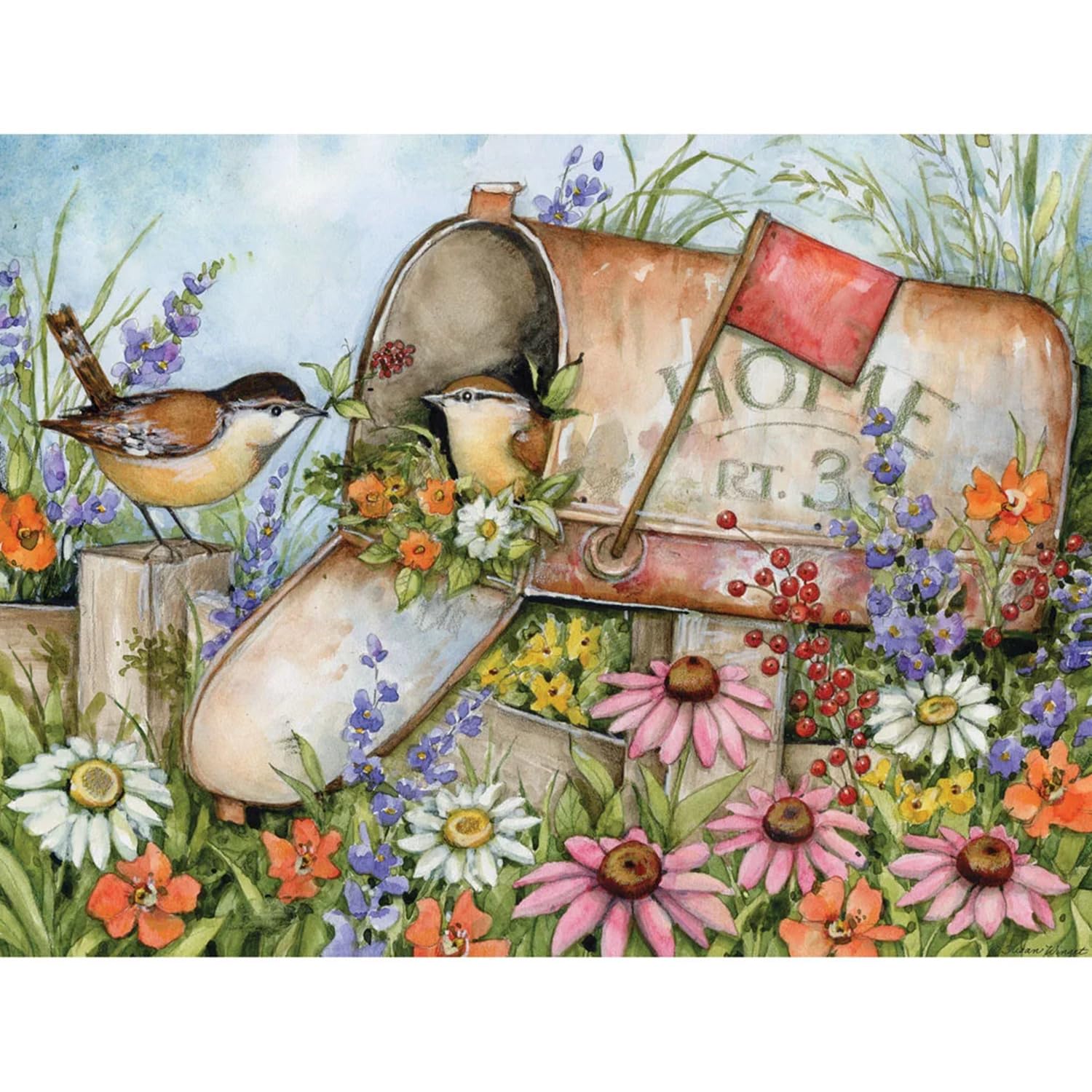 Bits and Pieces 300 Piece Puzzles for Adults - Mailbox in Field with Birds - 300 Large Pieces 18" x 24" Jigsaw Puzzles, Country Rustic Flowers, No 2