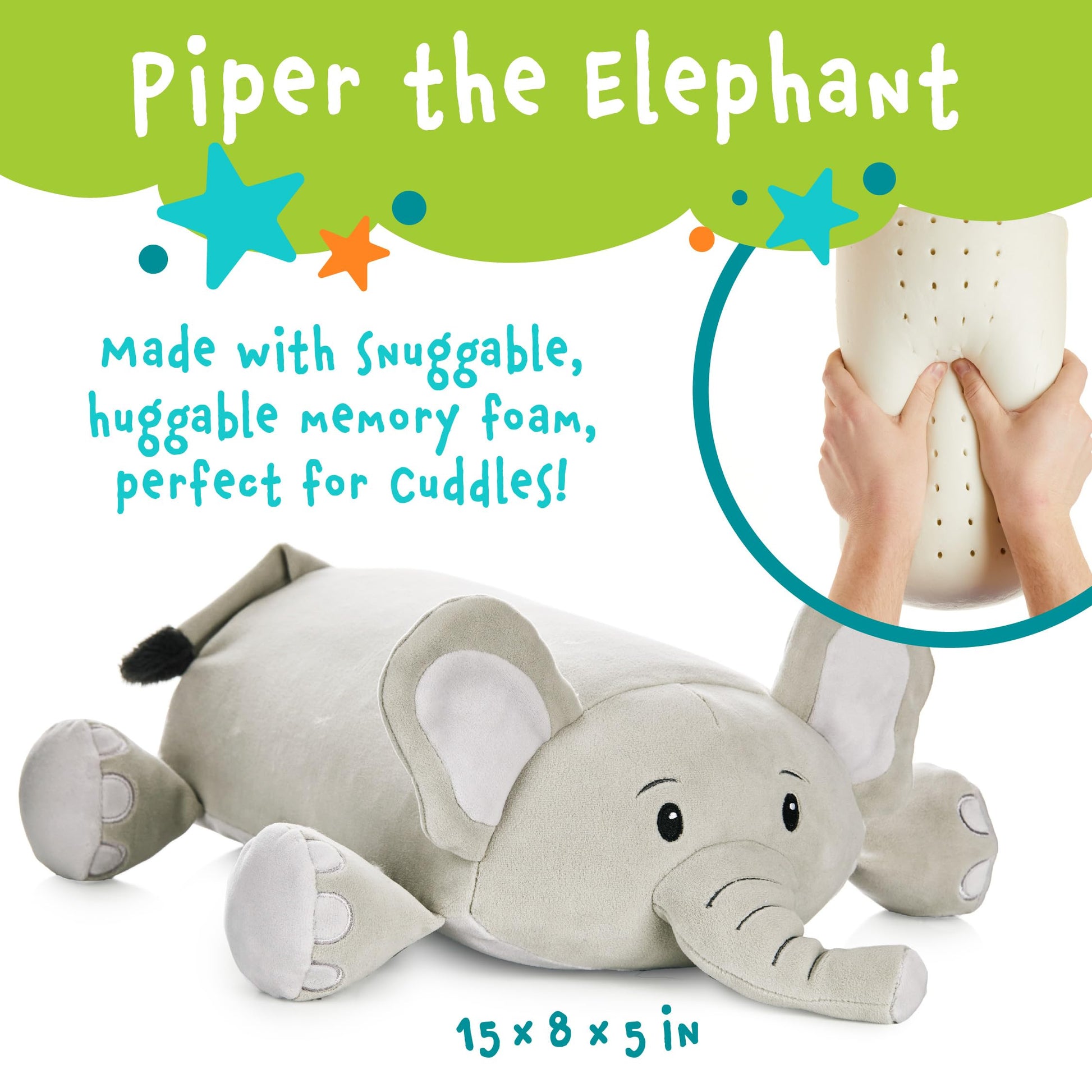MEMORY MATES Piper the Elephant Memory Foam Pillow Plush with Kid's Diary that Stores in Belly Pocket, 15” Stuffed Animal, 6" Journal