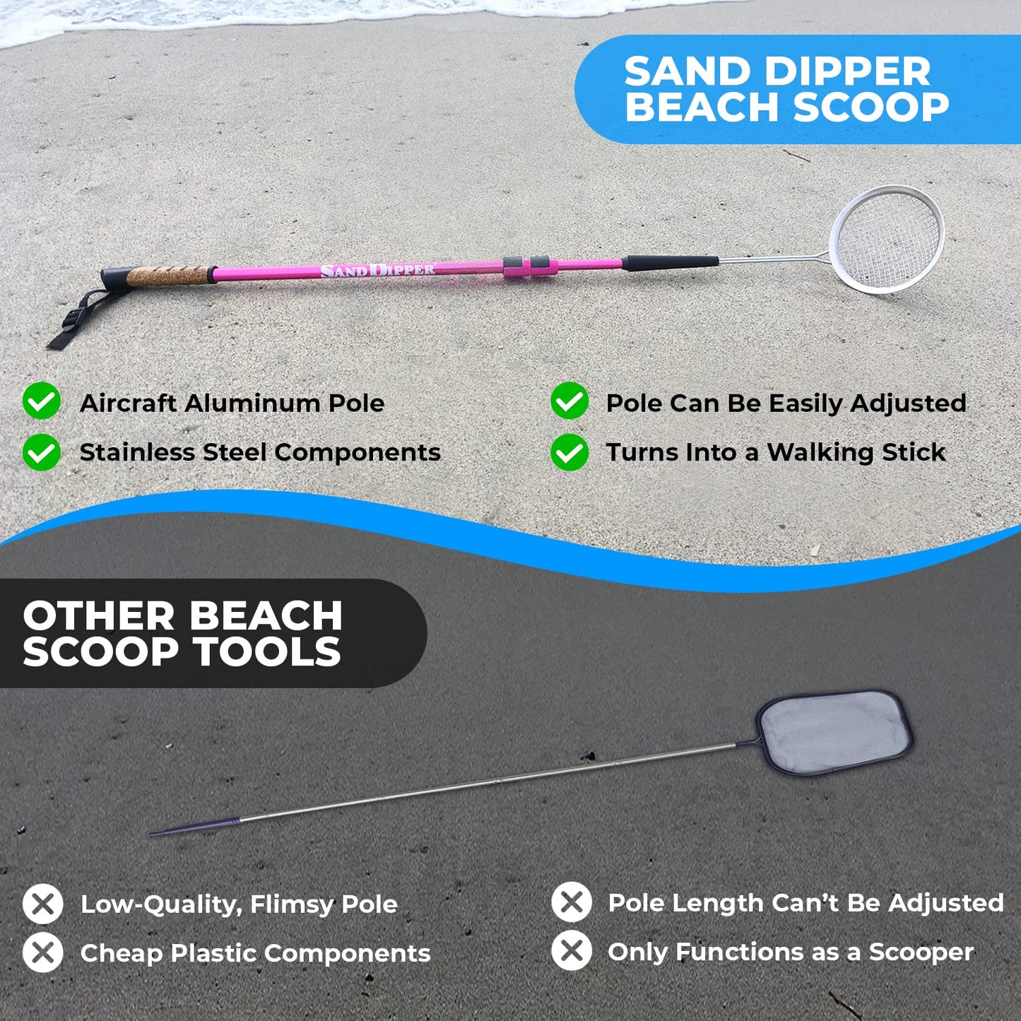 Sand Dipper Full Size Beach Scoop & Sifter with Custom Laser Scribing - Adjustable Shovel, Original 4" or Large 6" Basket, Blue or Pink Pole