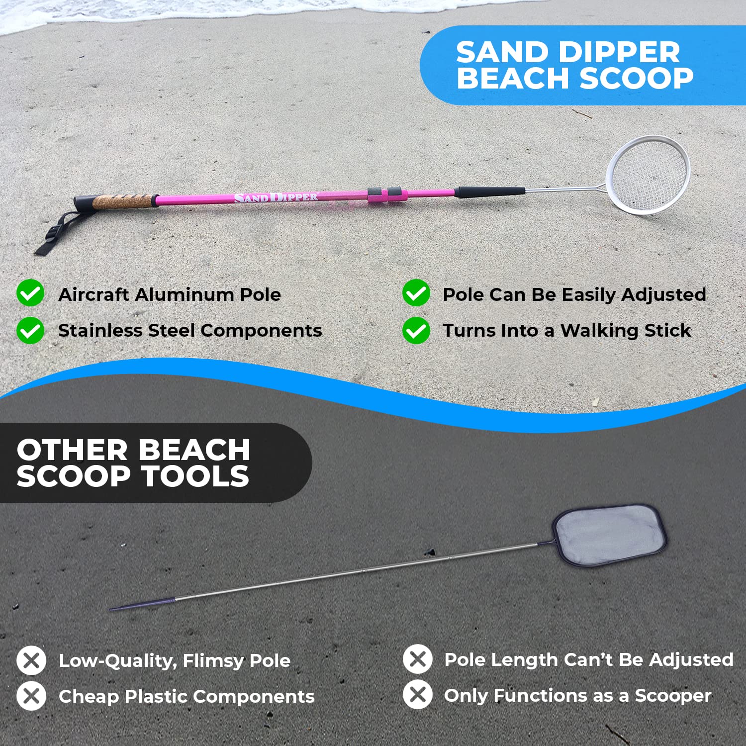 Sand Dipper Full Size Beach Scoop & Sifter with Custom Laser Scribing - Adjustable Shovel, Original 4" or Large 6" Basket, Blue or Pink Pole