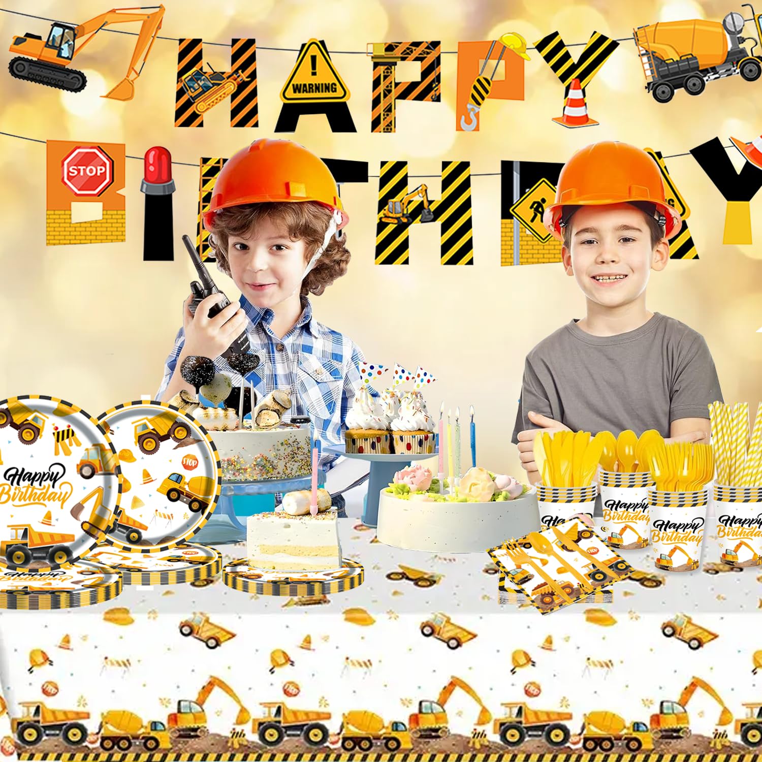 194Pcs Construction Plates Birthday Party Supplies Decorations Serve 24 | Includes Napkins Cups Tablecloth and Banner | Boys Construction Themed