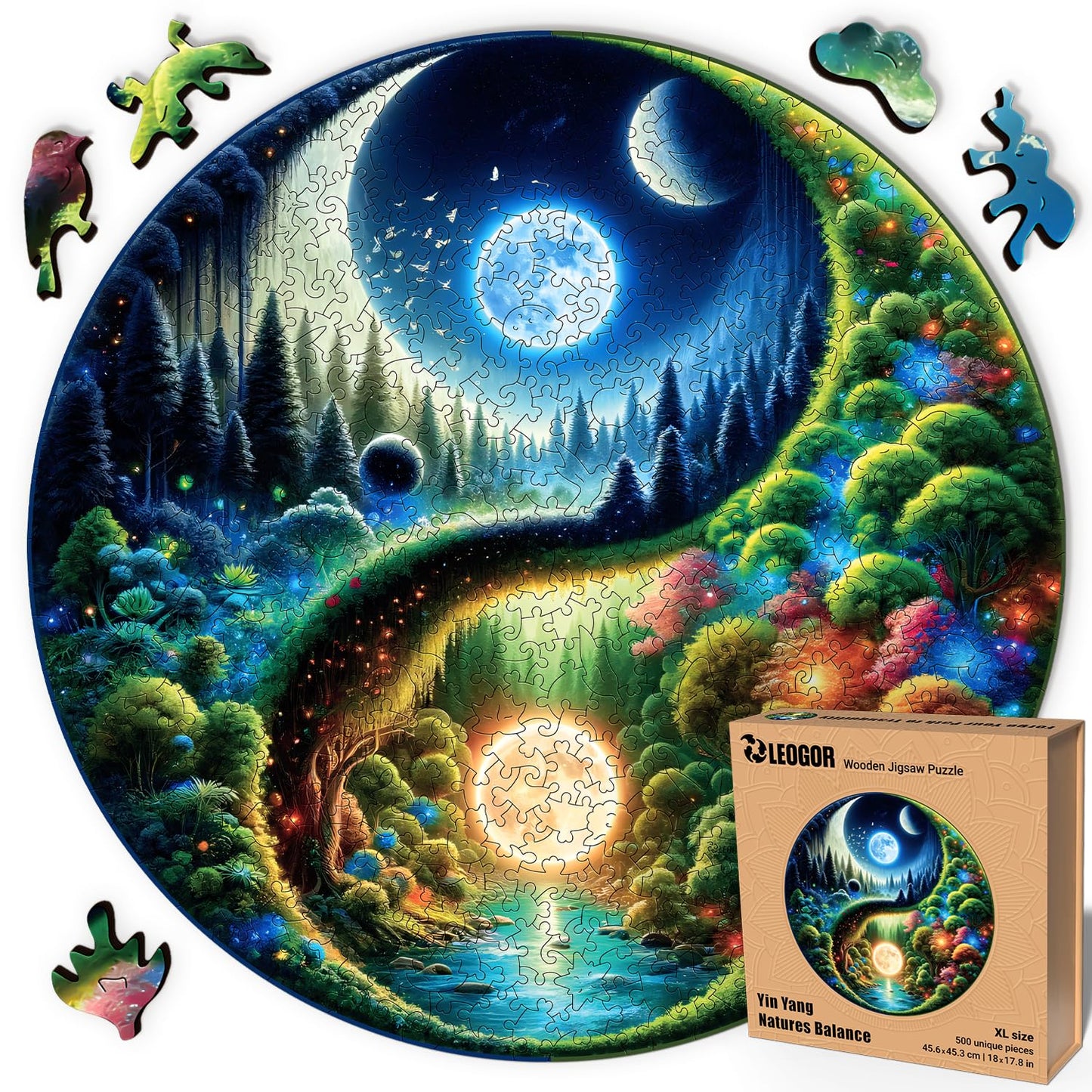 LEOGOR Wooden Puzzles for Adults 500 Pieces (18 x 17.8 in), Extra-Thick 5mm Round XL Wood Jigsaw, Yin Yang Puzzle, Unique Whimsical Pieces