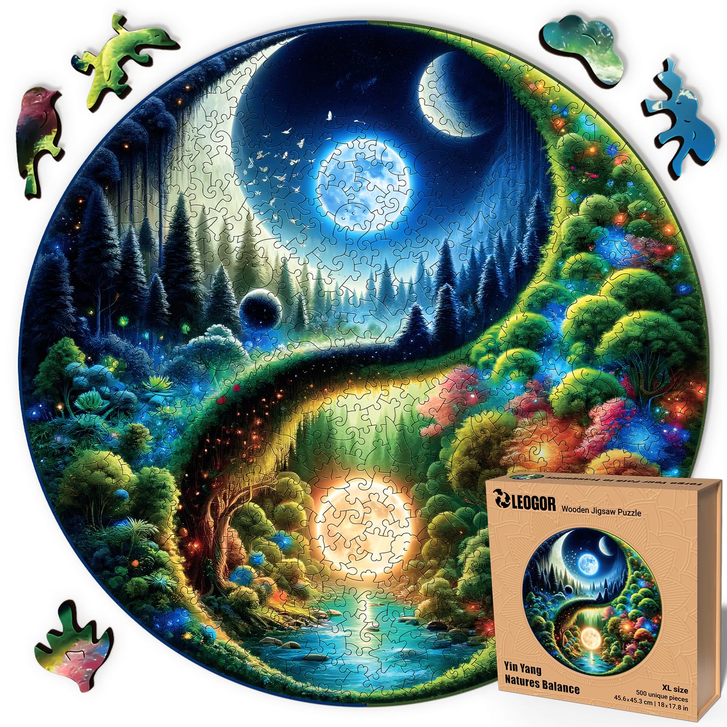 LEOGOR Wooden Puzzles for Adults 500 Pieces (18 x 17.8 in), Extra-Thick 5mm Round XL Wood Jigsaw, Yin Yang Puzzle, Unique Whimsical Pieces