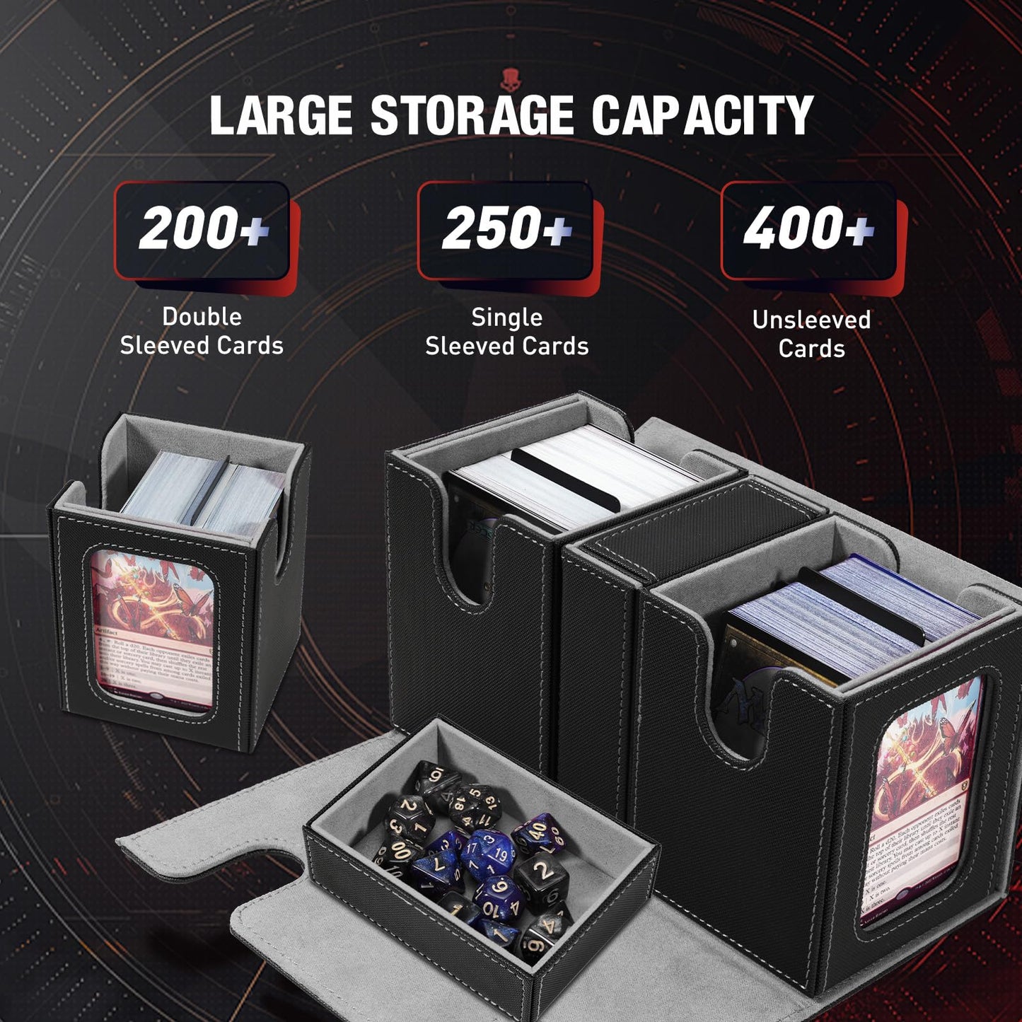 TiMOVO MTG Deck Box, Commander Deck Case Fits 200+ Double-Sleeved Cards, Magnetic Leather Card Storage Box with 2 Commander Display & 4Dividers & Dice