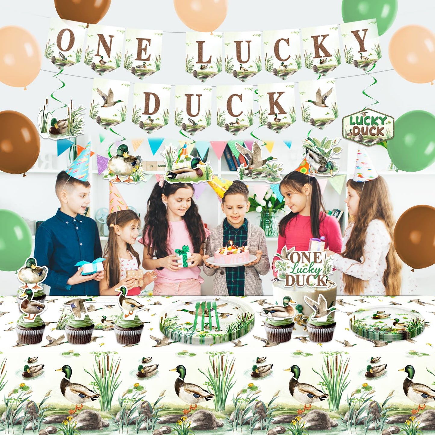 One Lucky Duck Birthday Decorations - 120PCS Mallard Duck Baby Shower Decorations with Banner, Hanging Swirls, Balloons, Tablecloths, Plates, Napkins