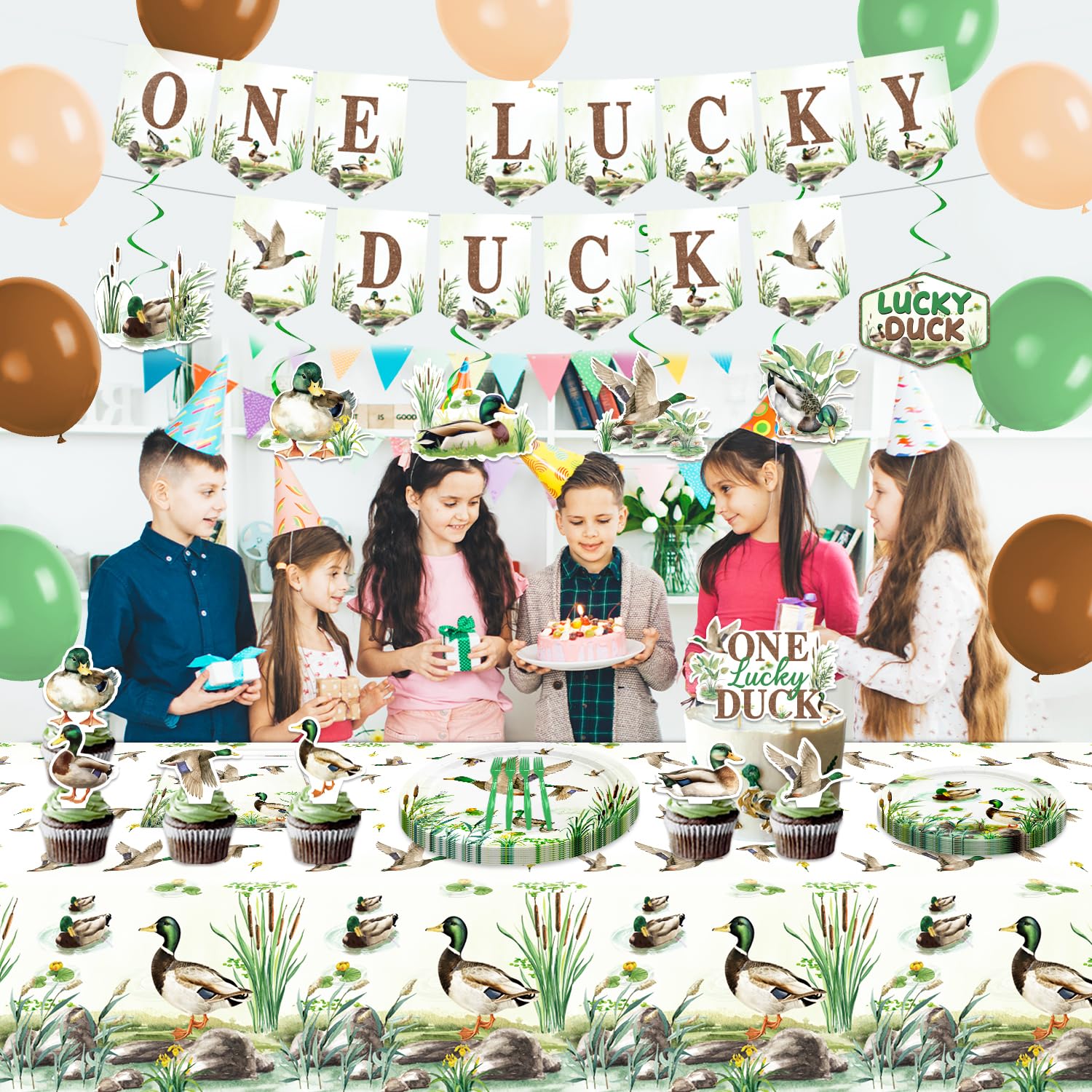 One Lucky Duck Birthday Decorations - 120PCS Mallard Duck Baby Shower Decorations with Banner, Hanging Swirls, Balloons, Tablecloths, Plates, Napkins