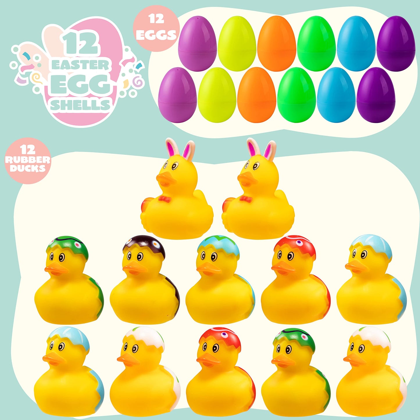 JOYIN 12 Pcs Filled Easter Eggs with Rubber Duck and Rabbit Duckies, Bright Colorful Prefilled Easter Eggs for Kids Fun Bath Toys, Basket Stuffers