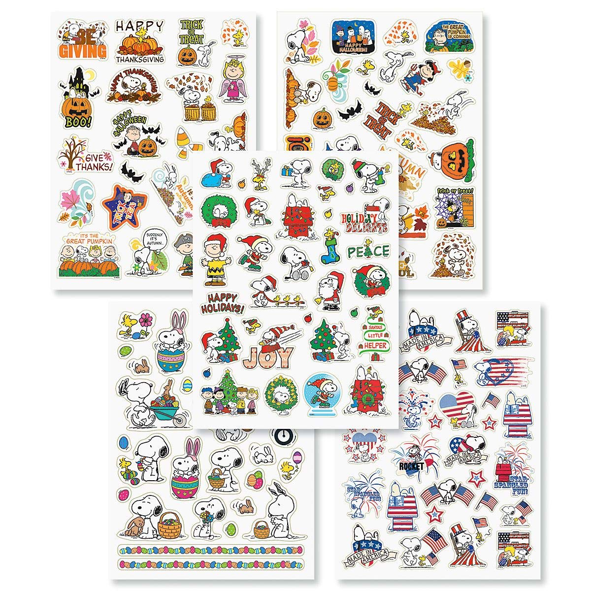 Peanuts Gang Snoopy Charlie Brown Lucy Linus Character Christmas Easter Thanksgiving Halloween 4th of July Seasonal Holiday Sticker Set, 5 Sheets 118