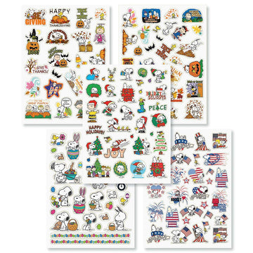 Peanuts Gang Snoopy Charlie Brown Lucy Linus Character Christmas Easter Thanksgiving Halloween 4th of July Seasonal Holiday Sticker Set, 5 Sheets 118