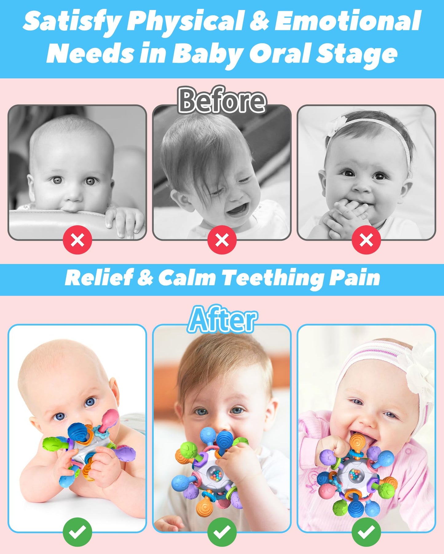 Baby Teething Toys for 0-6 6-12 Months Ages 0-2, Tummy Time Montessori Toys for Babies 0 3 6 9 12 18 Months, Newborn Infant Sensory Toys, Baby Gifts