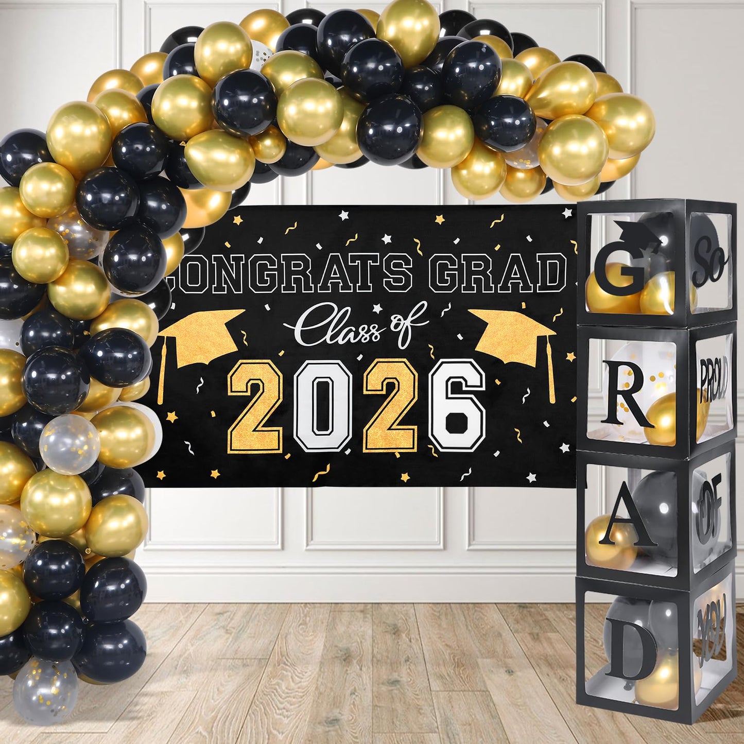 Picoway Graduation Decorations Class of 2026 ,Black and Gold Graduation Party Decorations include 4 Pcs Balloons Boxes with Letters, 110 Pcs Balloon