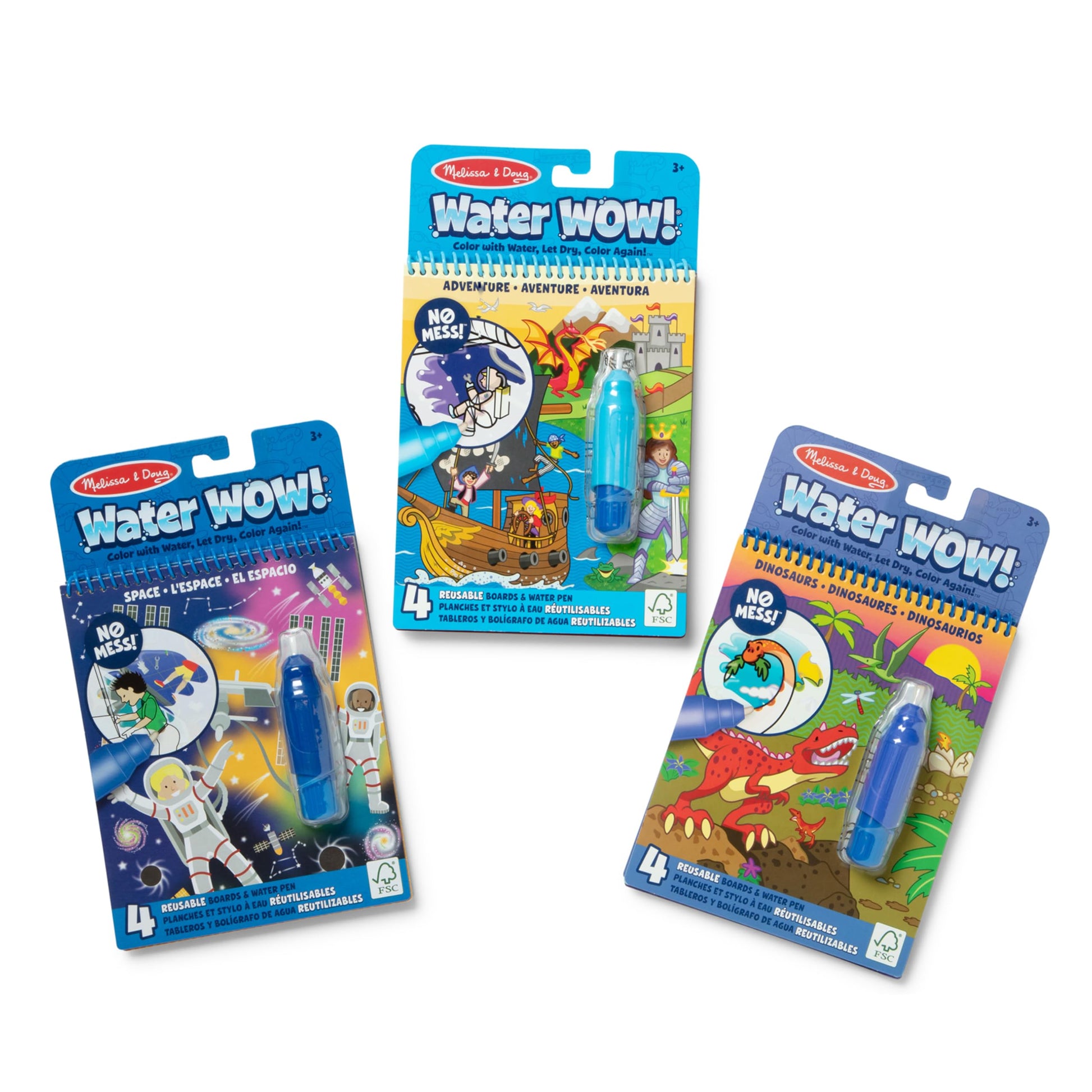 Melissa & Doug Water Wow! Mess Free Coloring Book, Reusable Water-Reveal Activity Pad, 3-Pack, Dinosaur, Adventure, Space, Travel Toys, Party Favors,