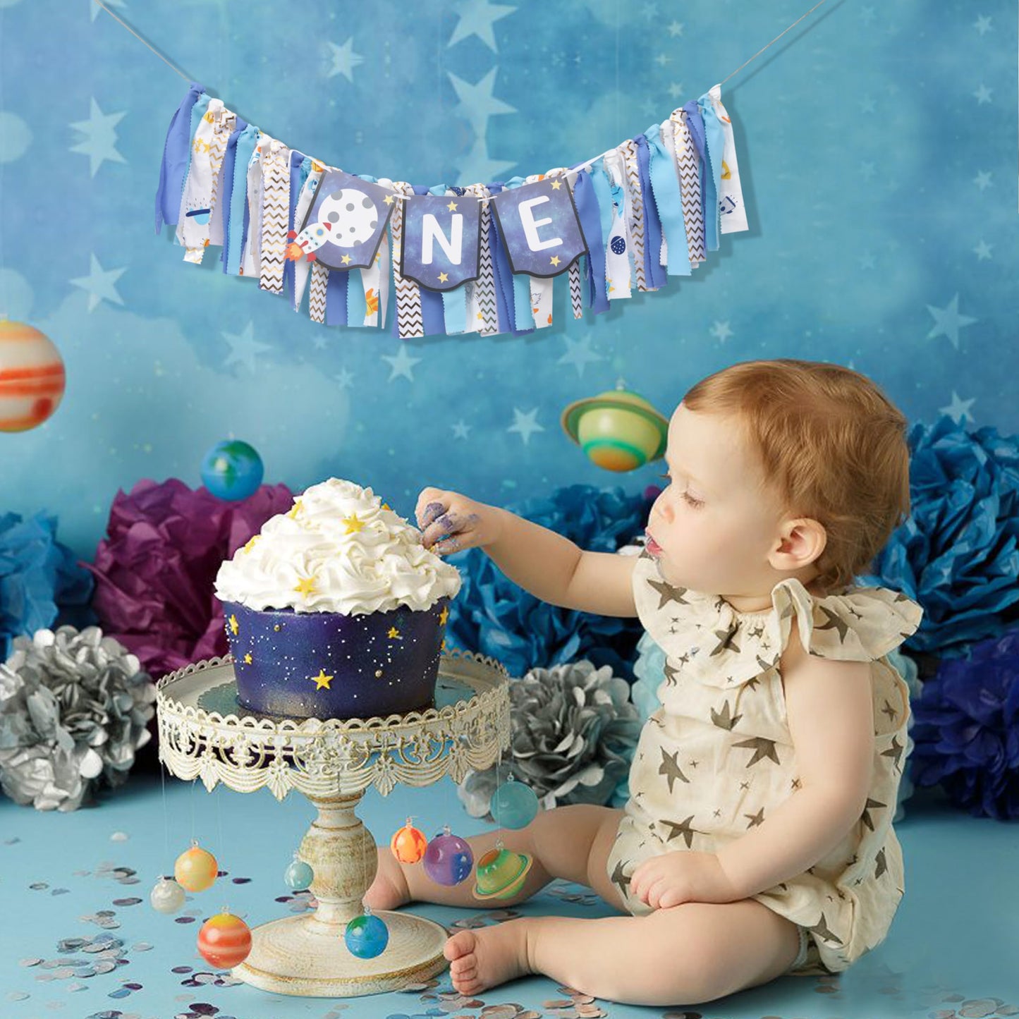 Outer Space High Chair Banner - Planets Astronaut Rocket 1st Birthday Decorations,Space First High Chair One Banner Party Decor,First Trip Around Sun
