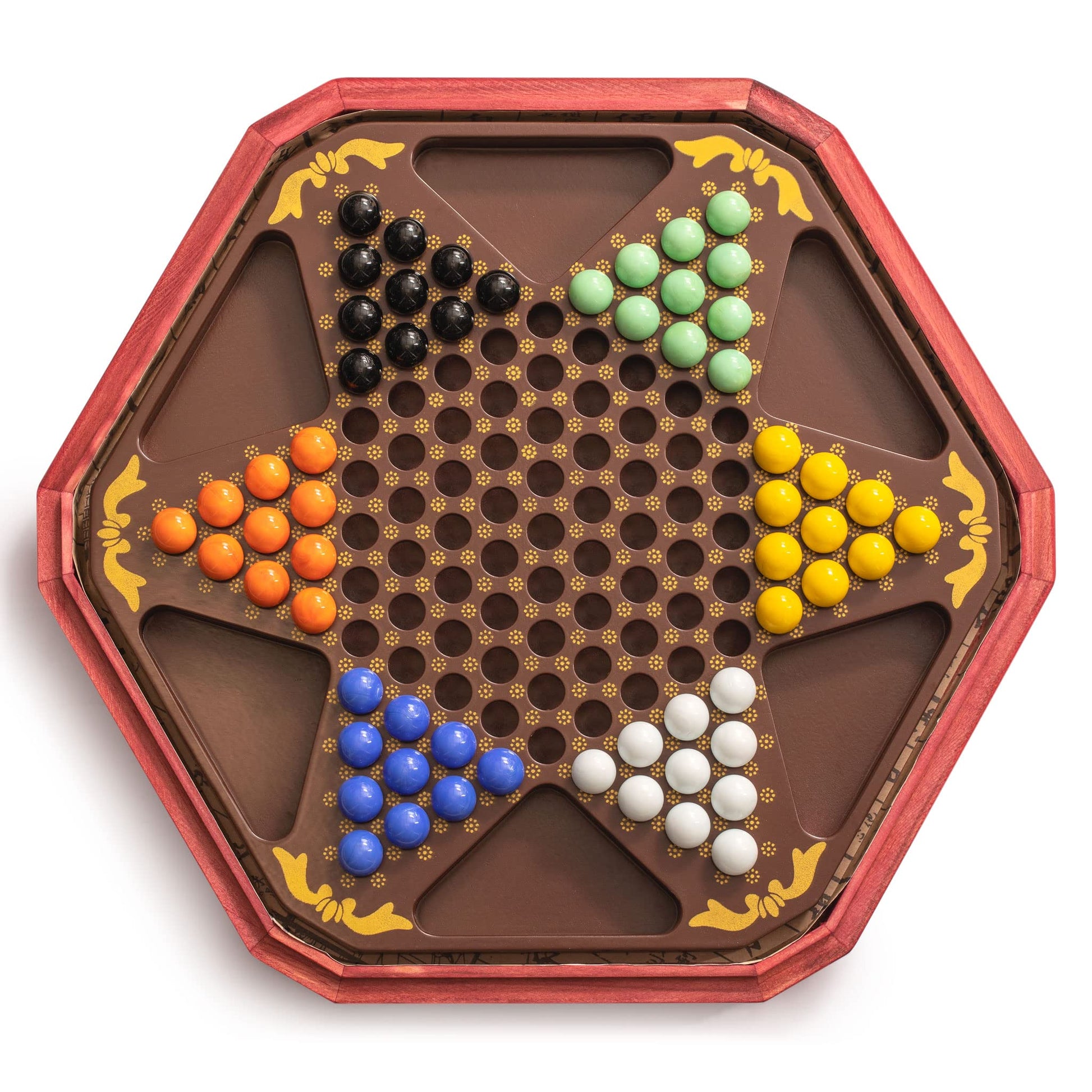 Yellow Mountain Imports Classic Chinese Checkers Halma Board Game Set with Storage, 12.6-inch Wooden Board, and Solid Color 16-Millimeter Glass