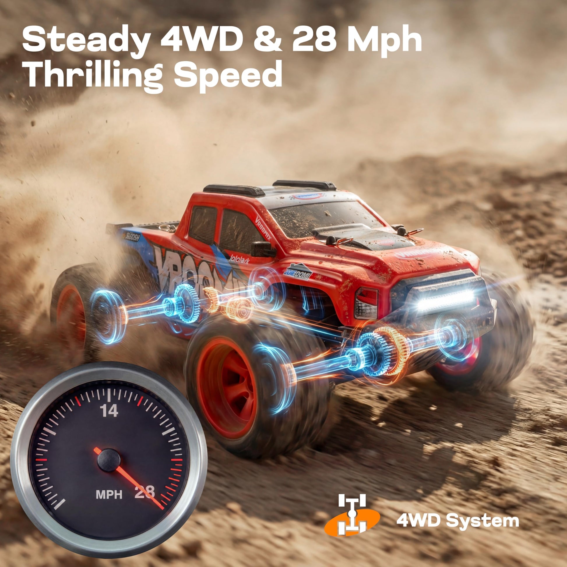 Vroomix 1:16 4WD RC Car, Red Remote Control Light Hobby Racing Monster Truck Toy Gift for Kids, 3 Driving Modes, Up to 28 Mph, 35 Mins, 110 Ft Range