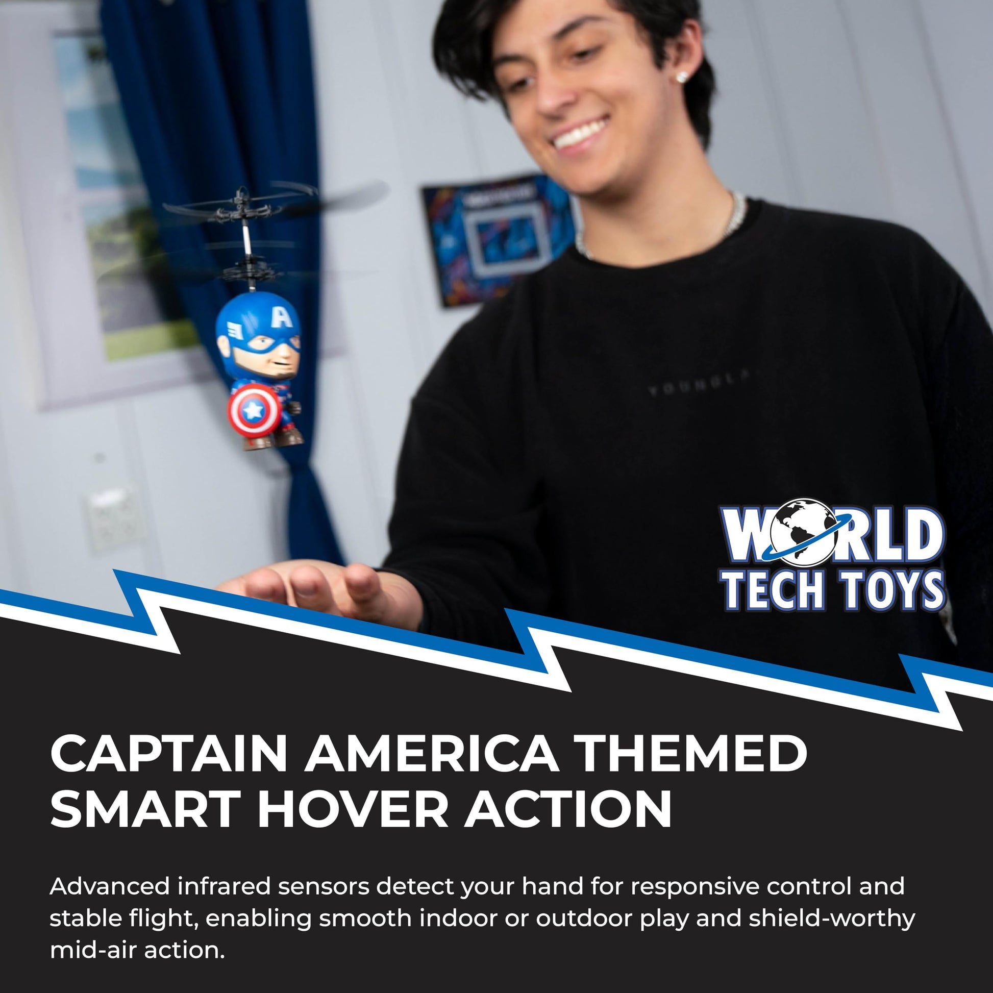 World Tech Toys Marvel Captain America Big Head Helicopter Toy - Motion Sensored Flying Toy for Kids - Marvel Licensed - Kids 6+