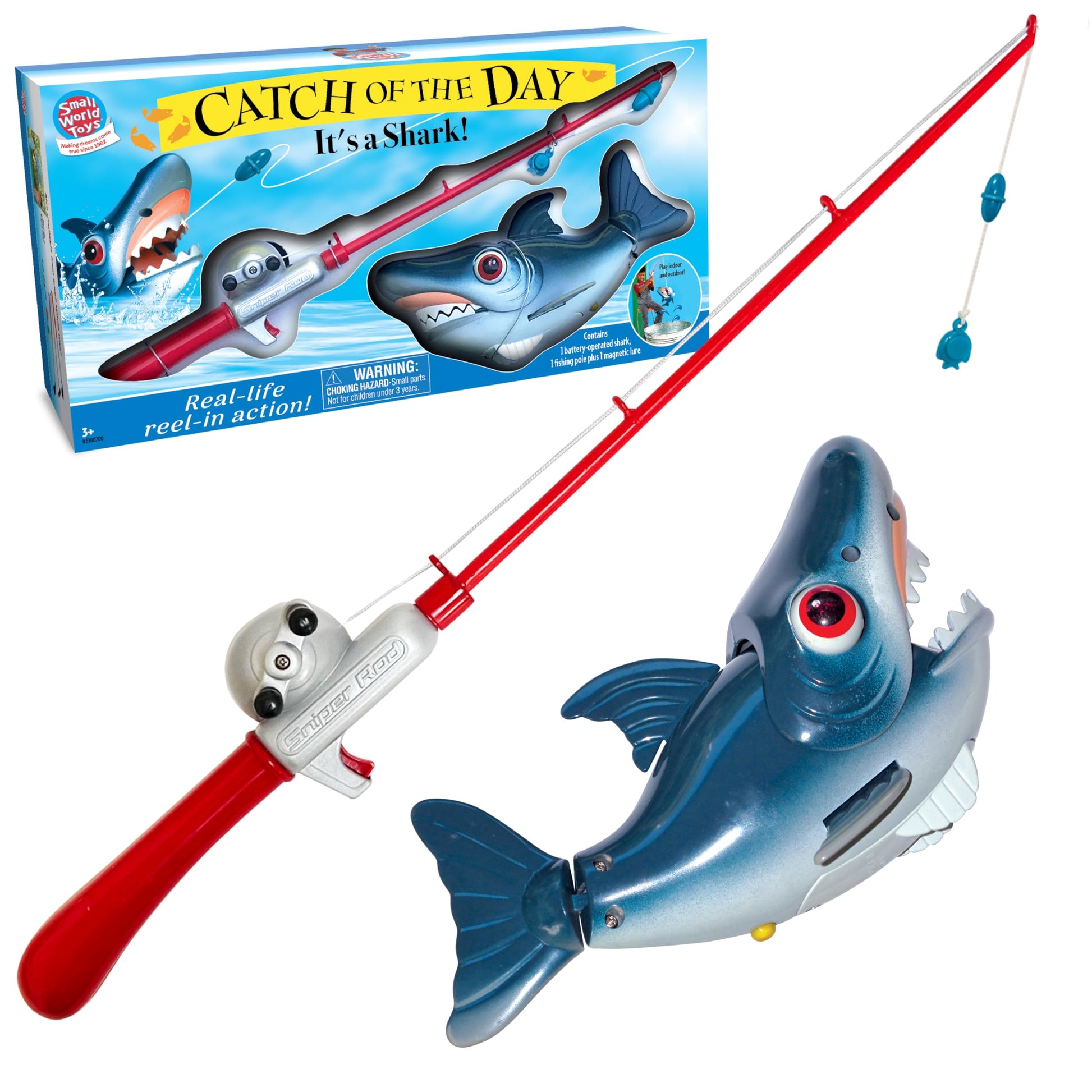 Small World Toys Magnetic Fishing Game, Catch of The Day Shark Fishing Toy for Kids Ages 3+, Includes Kids Fishing Pole and 1 Fish for Toddler Bath