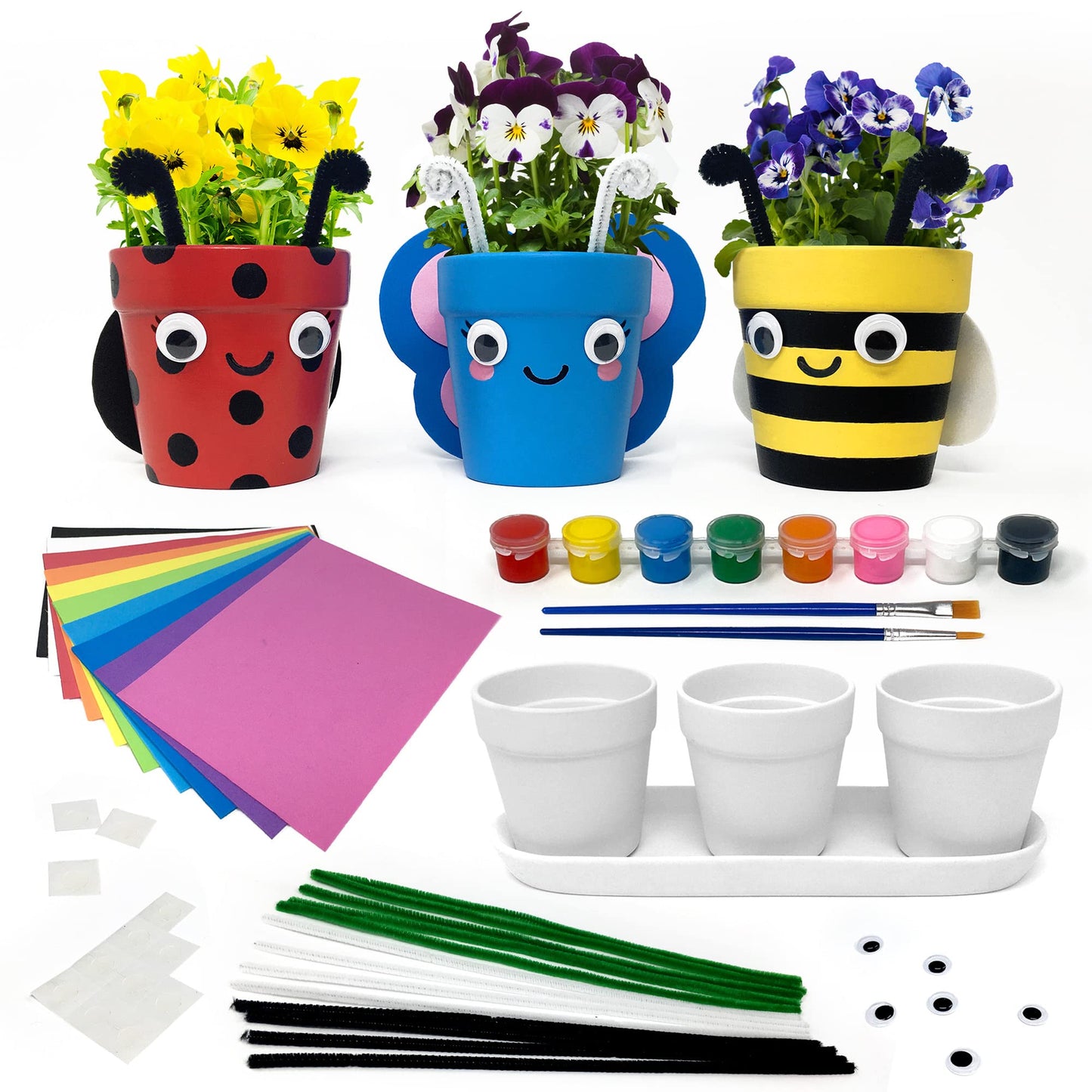 Pinwheel Crafts Flower Pot Painting Kit - DIY Flower Pots to Paint for Kids with 8 Paints, 2 Brushes, 3 Pots & 6 Googly Eyes, Gardening Kit for Kids