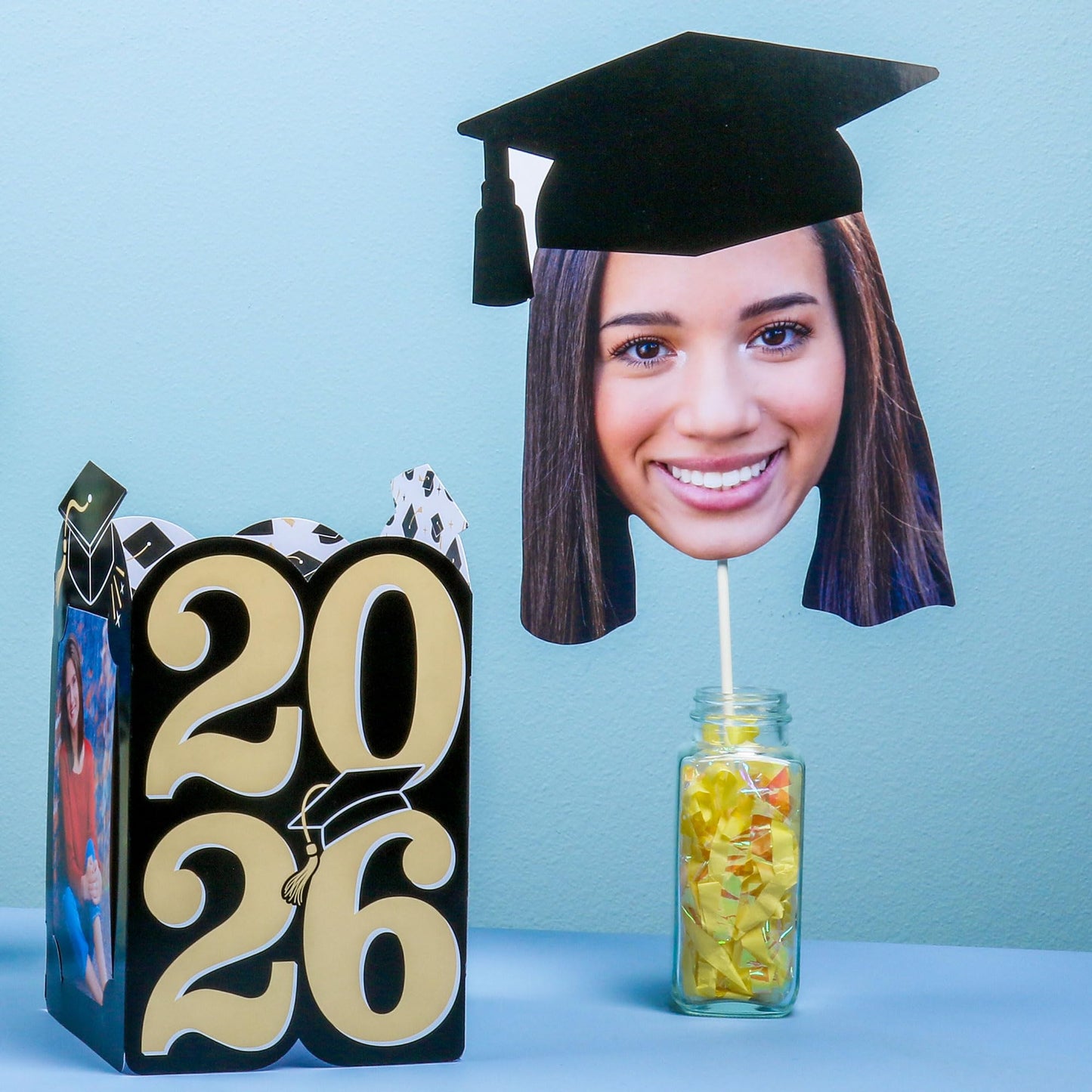 Big Dot of Happiness Grad Cap Fun Face Cutout Centerpiece Sticks - Custom Graduation Photo Head Cut Out Table Toppers - Upload 1 Photo - Set of 15