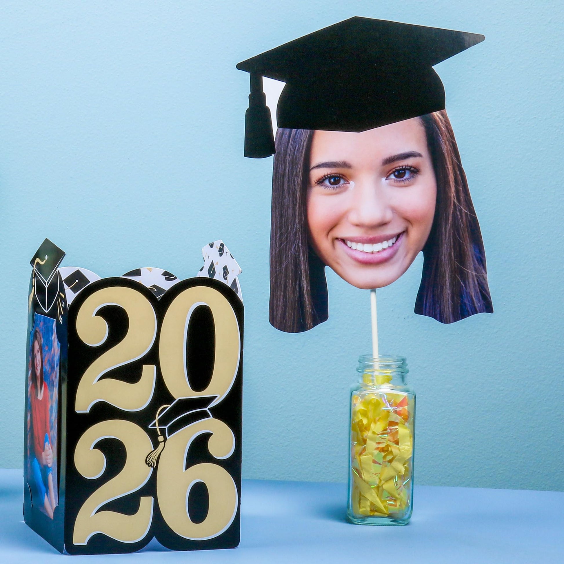 Big Dot of Happiness Grad Cap Fun Face Cutout Centerpiece Sticks - Custom Graduation Photo Head Cut Out Table Toppers - Upload 1 Photo - Set of 15