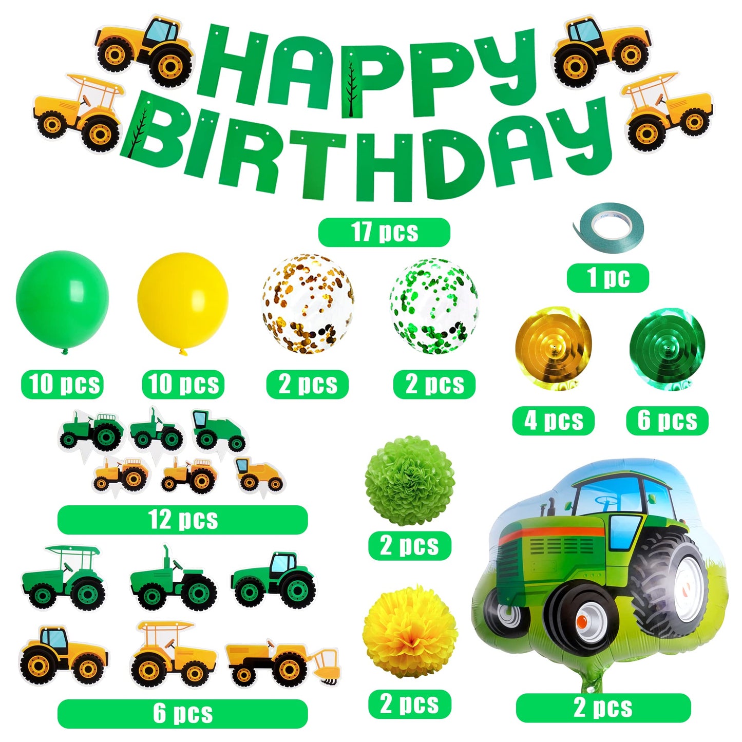 76PCS Green Tractor Themed Party Supplies with Tractor Banner Balloons Garland, Hanging Swirl and Cupcake Toppers for Farm Tractor Decorations As