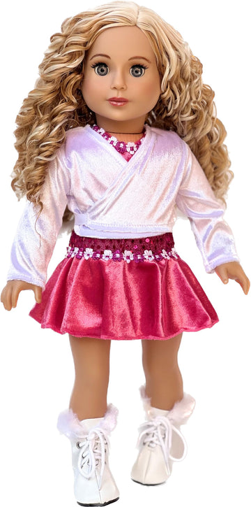 Ice Skating Girl - 4 Piece Ice Skating Outfit for 18 Inch Doll - Pink Leotard with Skirt, White Warmup Sweater and White Ice Skates - 18 Inch Doll