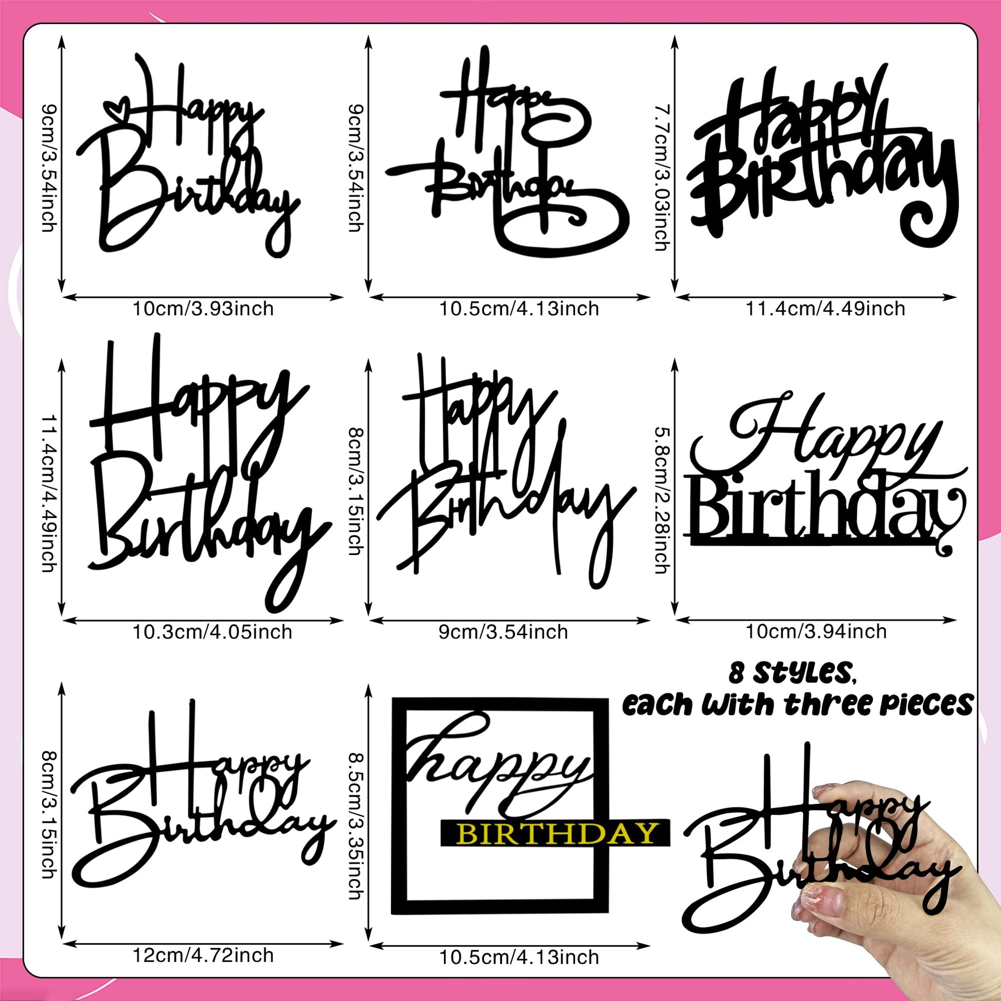 24 PCS Black Happy Birthday Cake Toppers Mirror Acrylic Side Cake Decorations 8 Styles