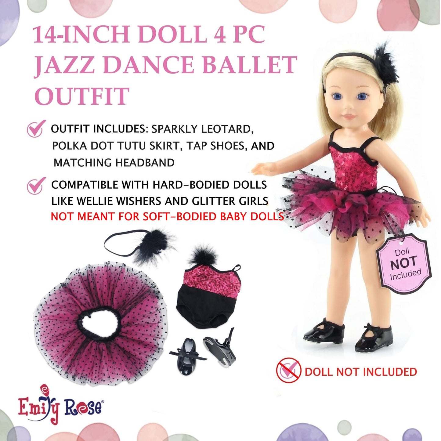 Emily Rose 14" Doll 4-PC Ballet/Tap/Jazz Recital Outfit with Tap Shoes | Sequin Leotard, Feather Headband & Tutu | Gift Boxed | Fits WellieWishers &