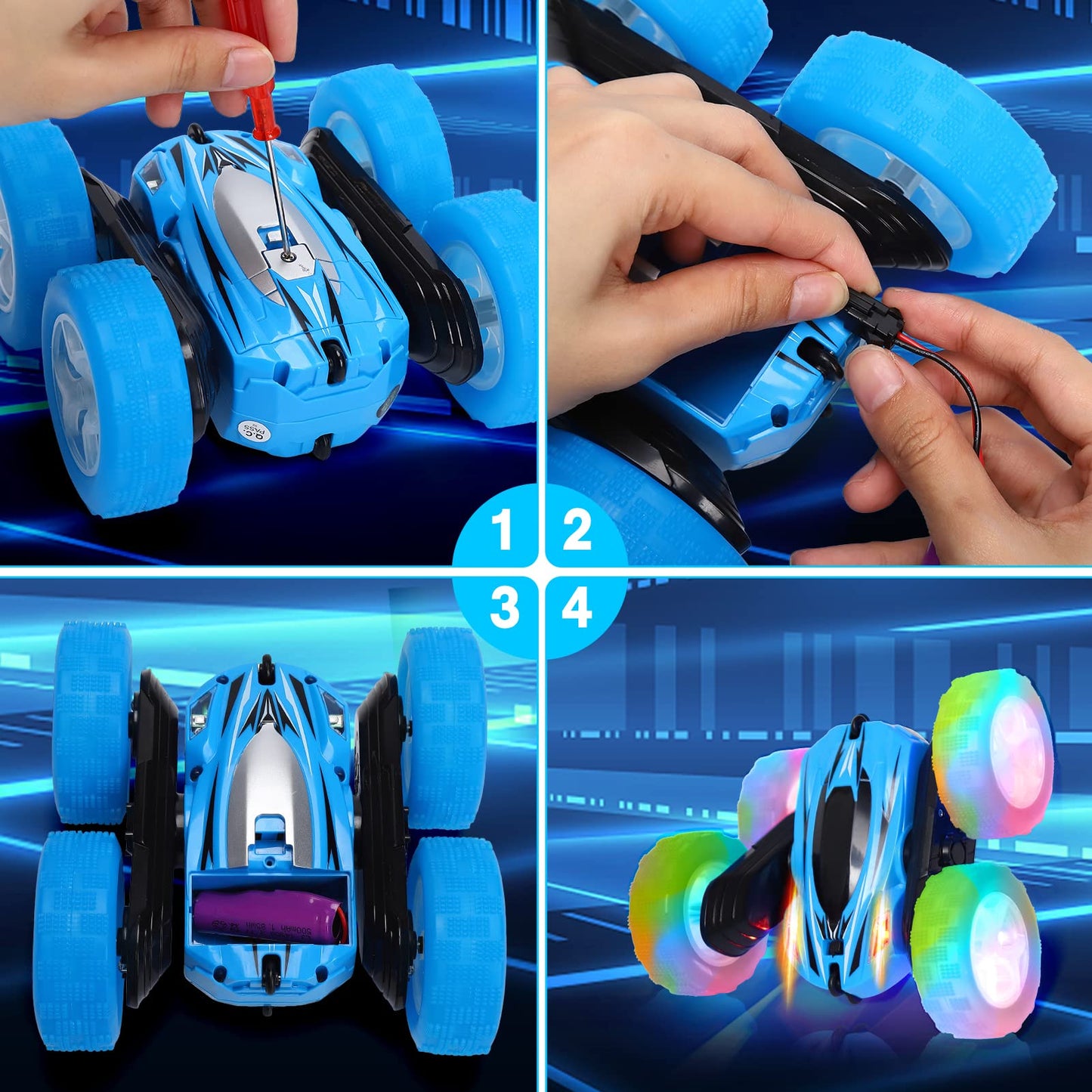 FunsLane 2 Pack Remote Control Car Toys for Kids, RC Stunt Cars with Wheel Lights, 2.4GHz Drift High Speed 4WD Off Road Double Sided 360° Rotating