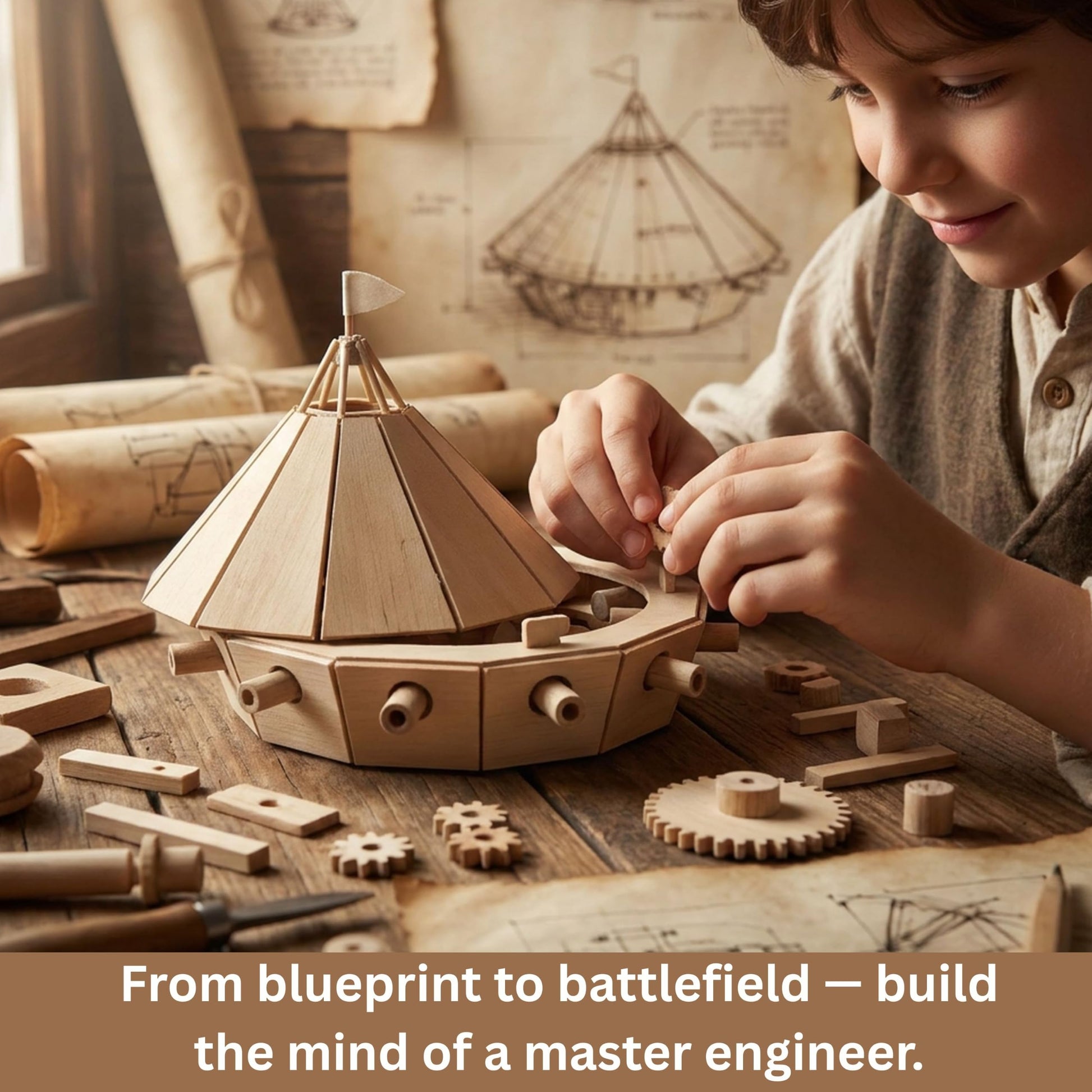Pathfinders STEM Kit - Leonardo da Vinci Tank | Build It Yourself Wooden Model | Educational Engineering Project for Kids & Teens | Historical