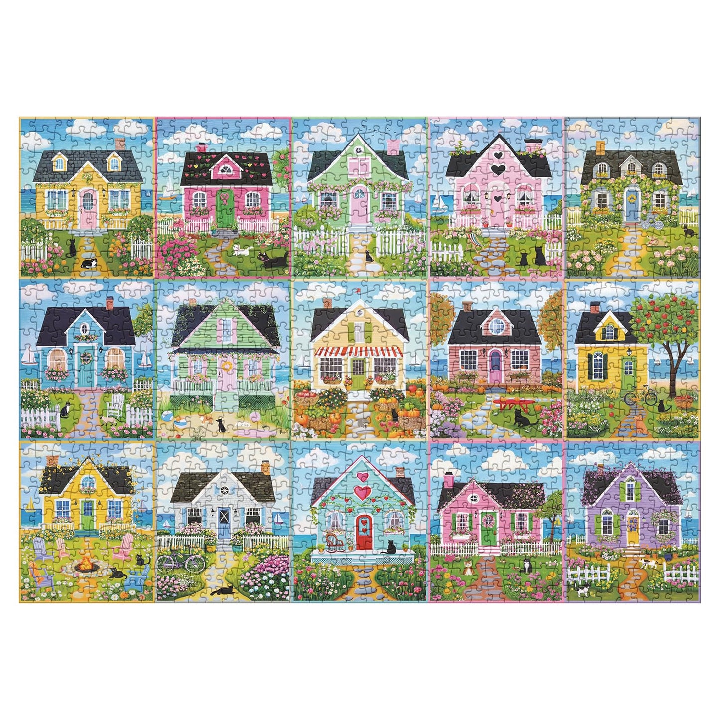 Larkipuzz Summer Seaside Landscape Puzzles for Adults 1000 Pieces, Colorful Garden Flower Plant Cabin Jigsaw Puzzles, Beautiful Nature Beach House