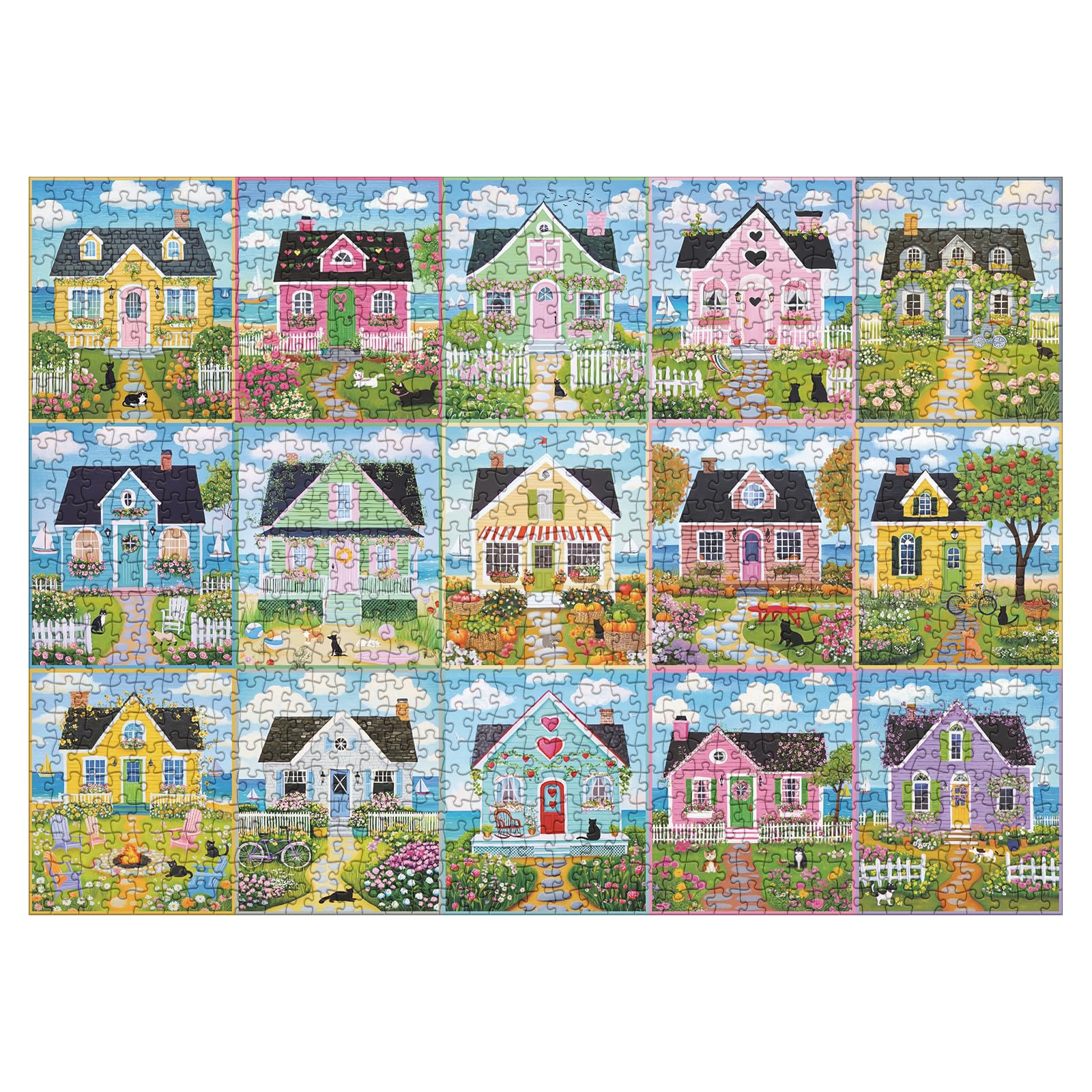 Larkipuzz Summer Seaside Landscape Puzzles for Adults 1000 Pieces, Colorful Garden Flower Plant Cabin Jigsaw Puzzles, Beautiful Nature Beach House