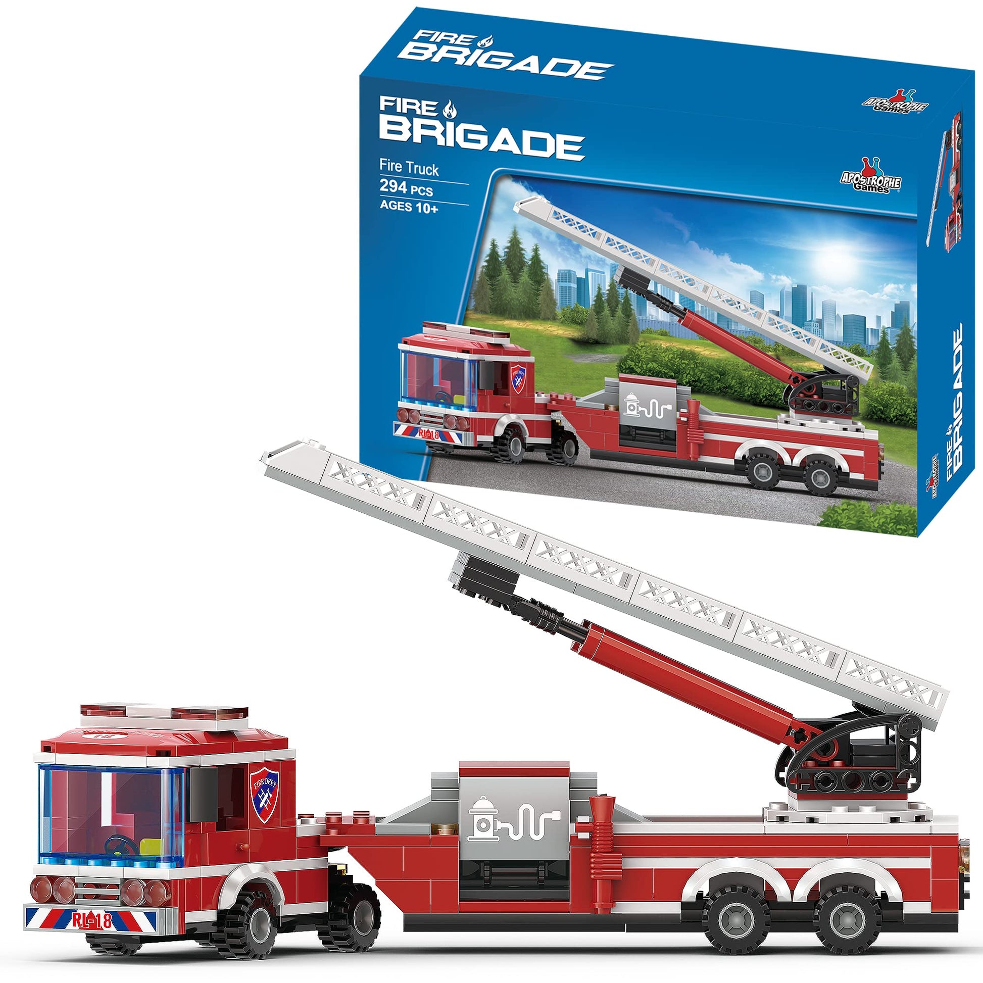 Apostrophe Games Fire Truck Building Block Set - 294 Pieces - Fire Fighter Building Blocks (Extended Ladder Firetruck), Learning and Education