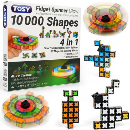 TOSY Magnet Fidget Spinner Glow - 16 Blocks, 3 in 1 Toy: Transformable Fidget Spinner, Infinity Cube, 2x2 Puzzle Cube, Glow, Stress Relief, STEM