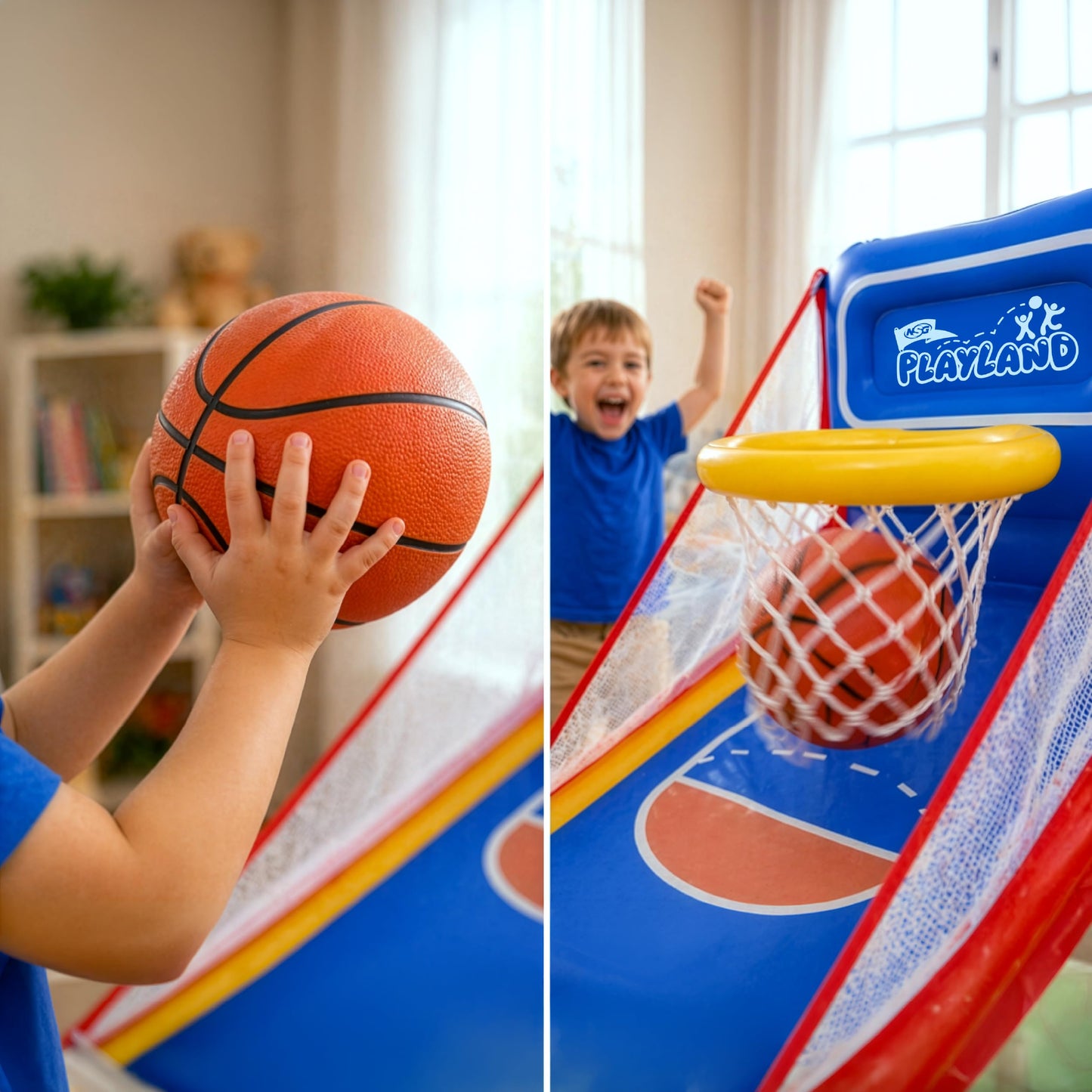 NSG PlayLand Shoot 'N' Score Inflatable Basketball Game for Kids Ages 3+ | Indoor & Outdoor Arcade Basketball Set with Hoop, 3 Balls & Pumps | Family