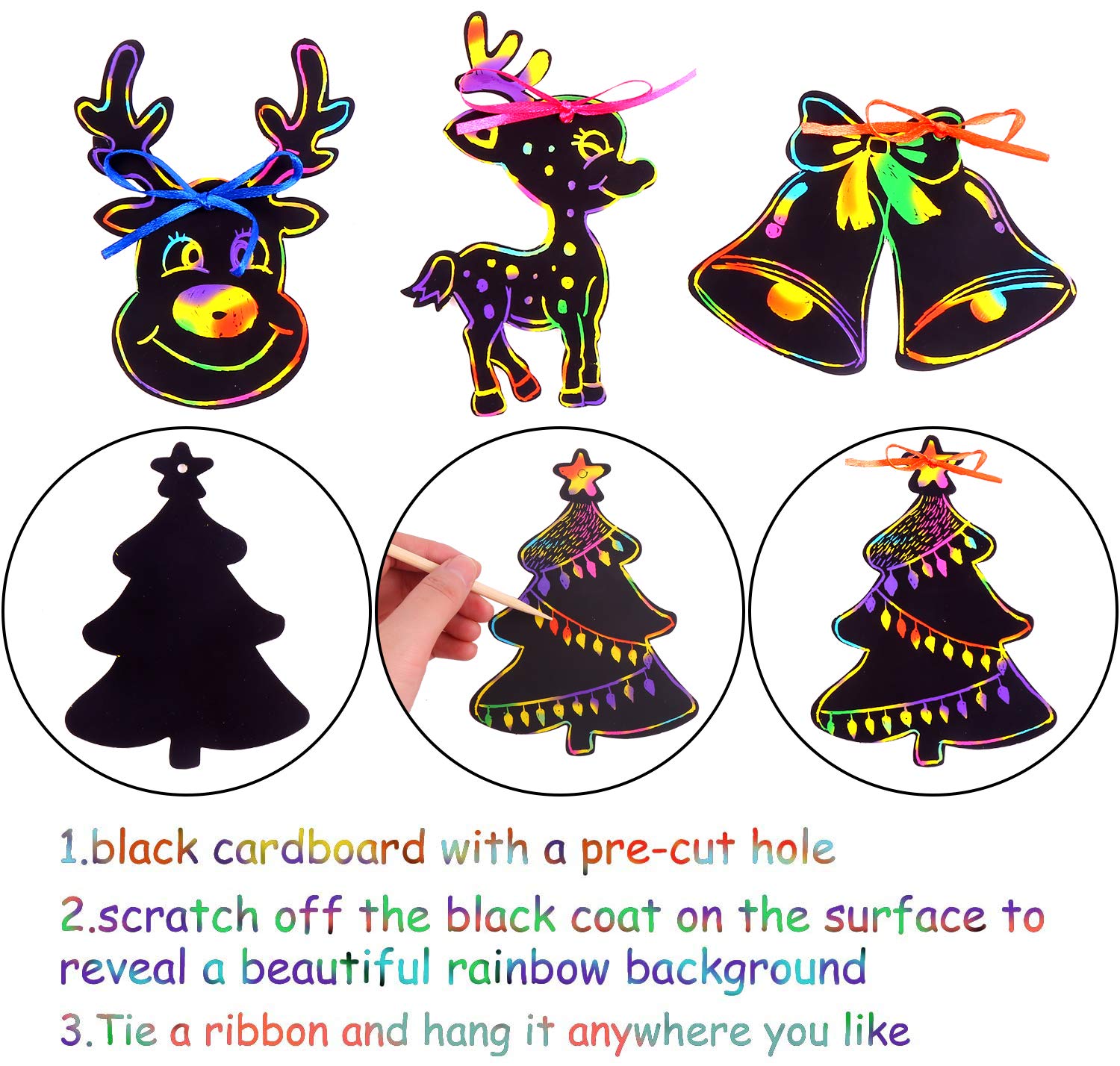 DIYASY Christmas Scratch Art Paper,96Pcs Crafts Kits Magic Rainbow Scratch Cards for Xmas Tree Ornaments and Kids Birthday Decoration