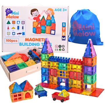 Mini Melow 100 Pcs Magnetic Tiles for Kids - 3D Magnet Tiles Building Toys with 2 Cars, Durable & Non Toxic Magnetic Building Blocks, STEM Toys