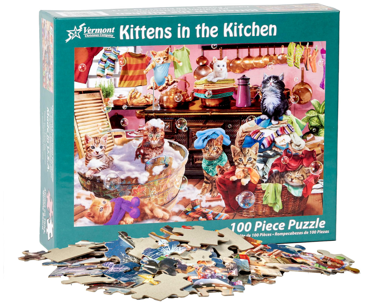 Vermont Christmas Company Kittens in The Kitchen Jigsaw Puzzle 100 Piece, Large Pieces Perfect for Kids and Seniors