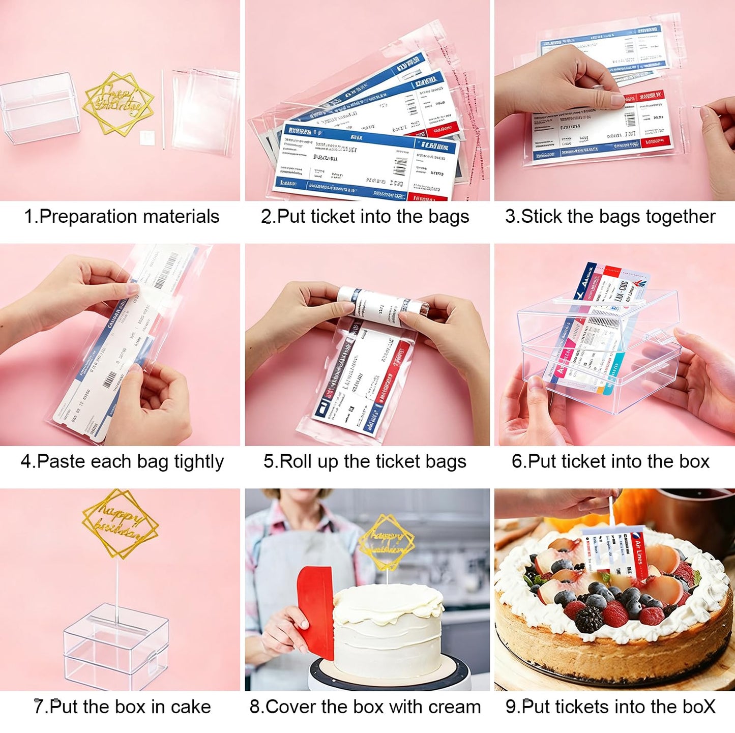 SIENON Surprise Cake Pull Out Box Cake Topper Kit, 1Pc Clear Food Contact Safe Box, 1Pc Gold Happy Birthday, 20Pcs Pockets for Birthday Graduation