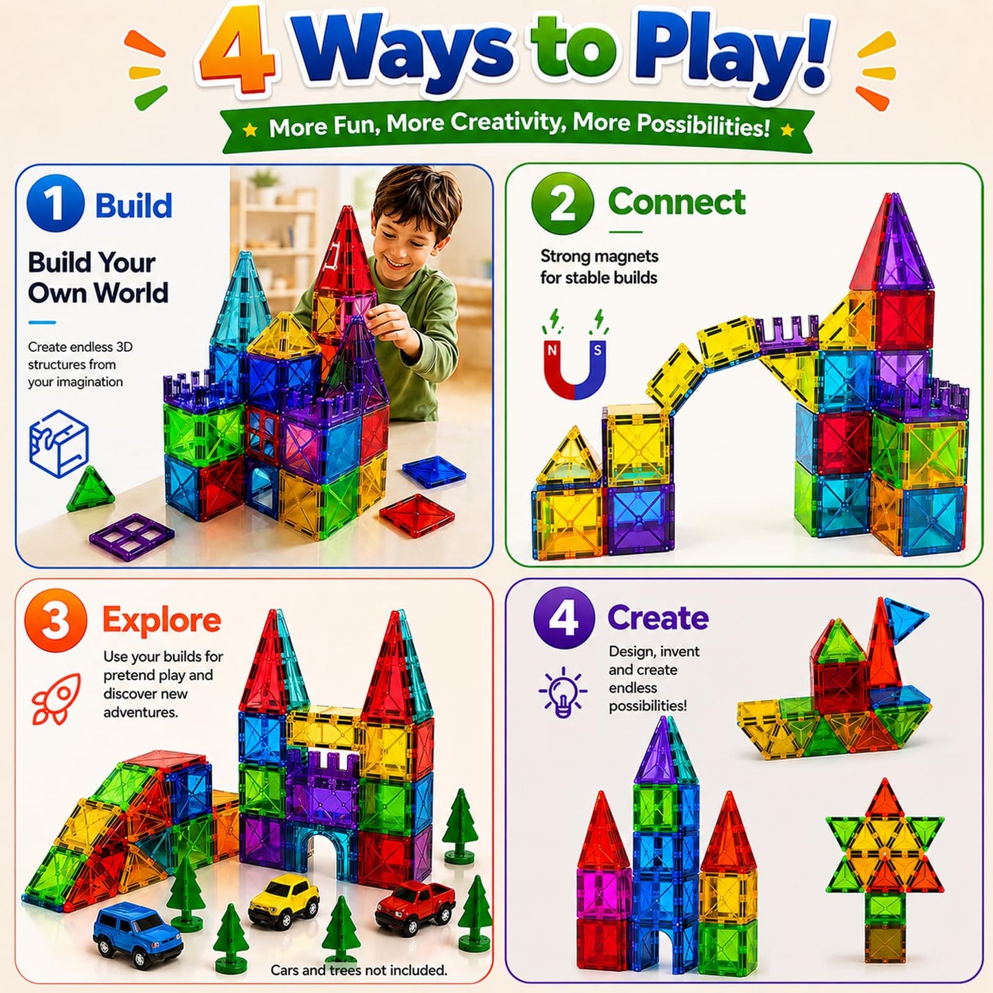 LATI 130-Piece Magnetic Tiles Building Toy Large Set for Kids,Magnetic Building Blocks Construction Set,Open-Ended Play STEM Educational