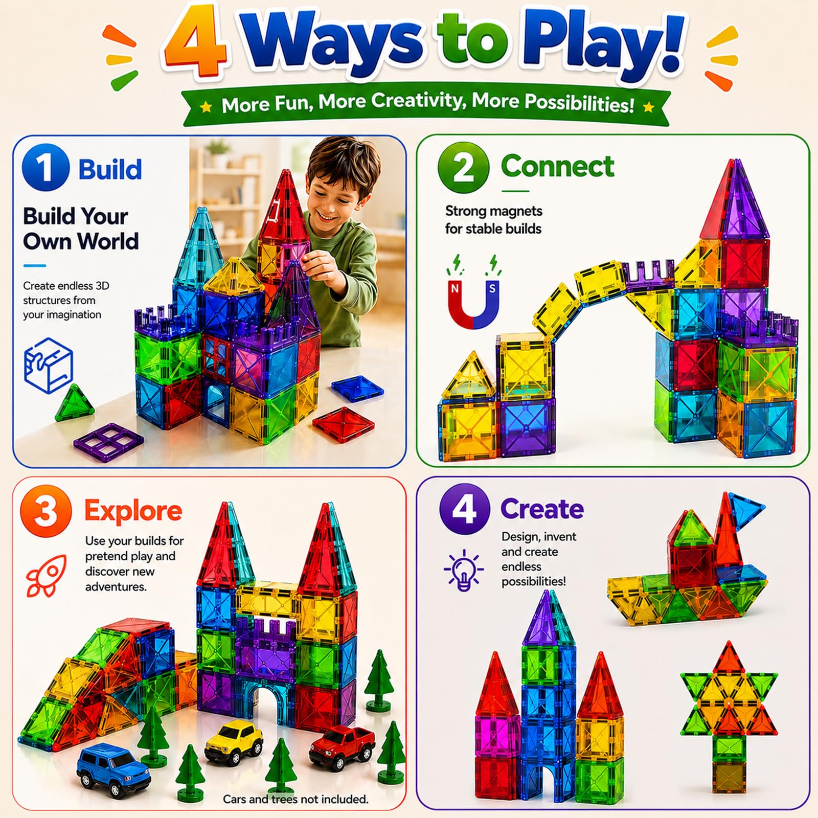 LATI 130-Piece Magnetic Tiles Building Toy Large Set for Kids,Magnetic Building Blocks Construction Set,Open-Ended Play STEM Educational